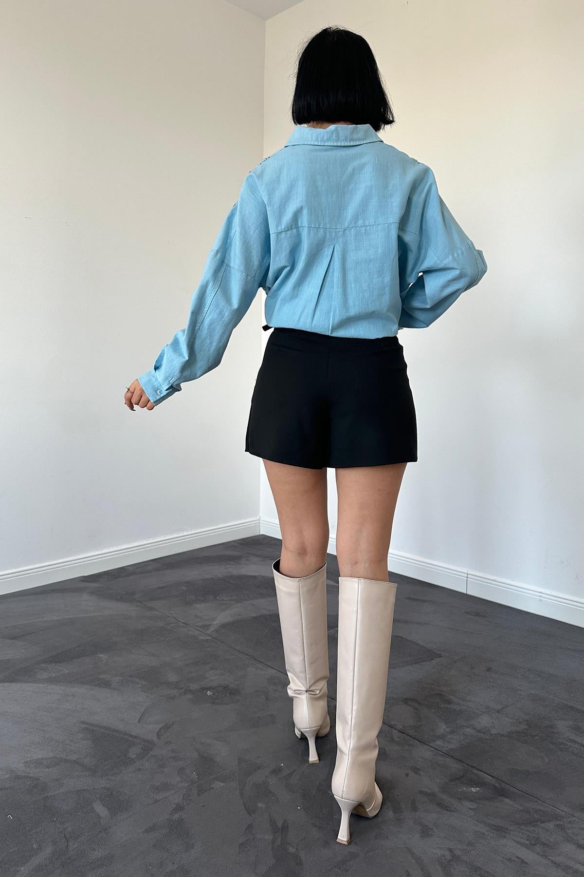 Toptan Mavi Boyamalı Keten Baskılı Taşlı Gömlek