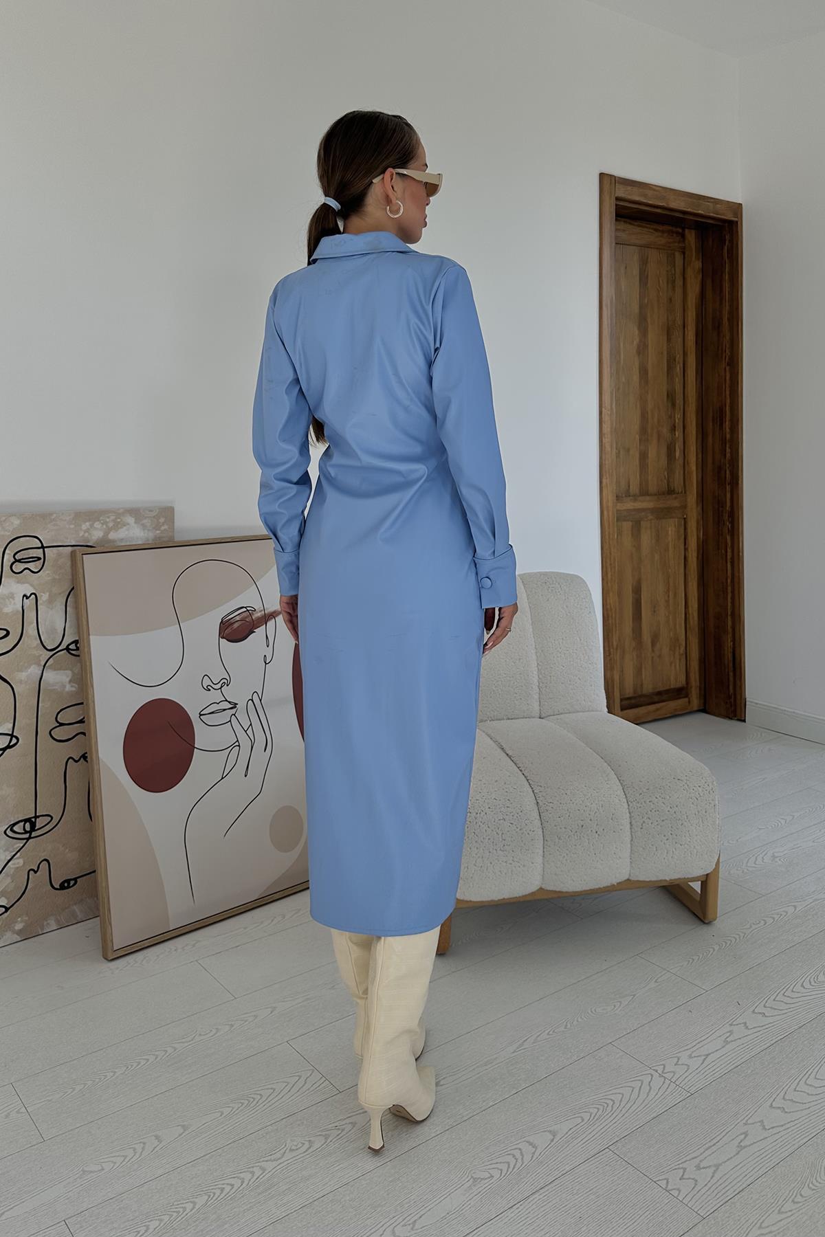 Toptan Mavi Boydan Düğmeli Deri Elbise