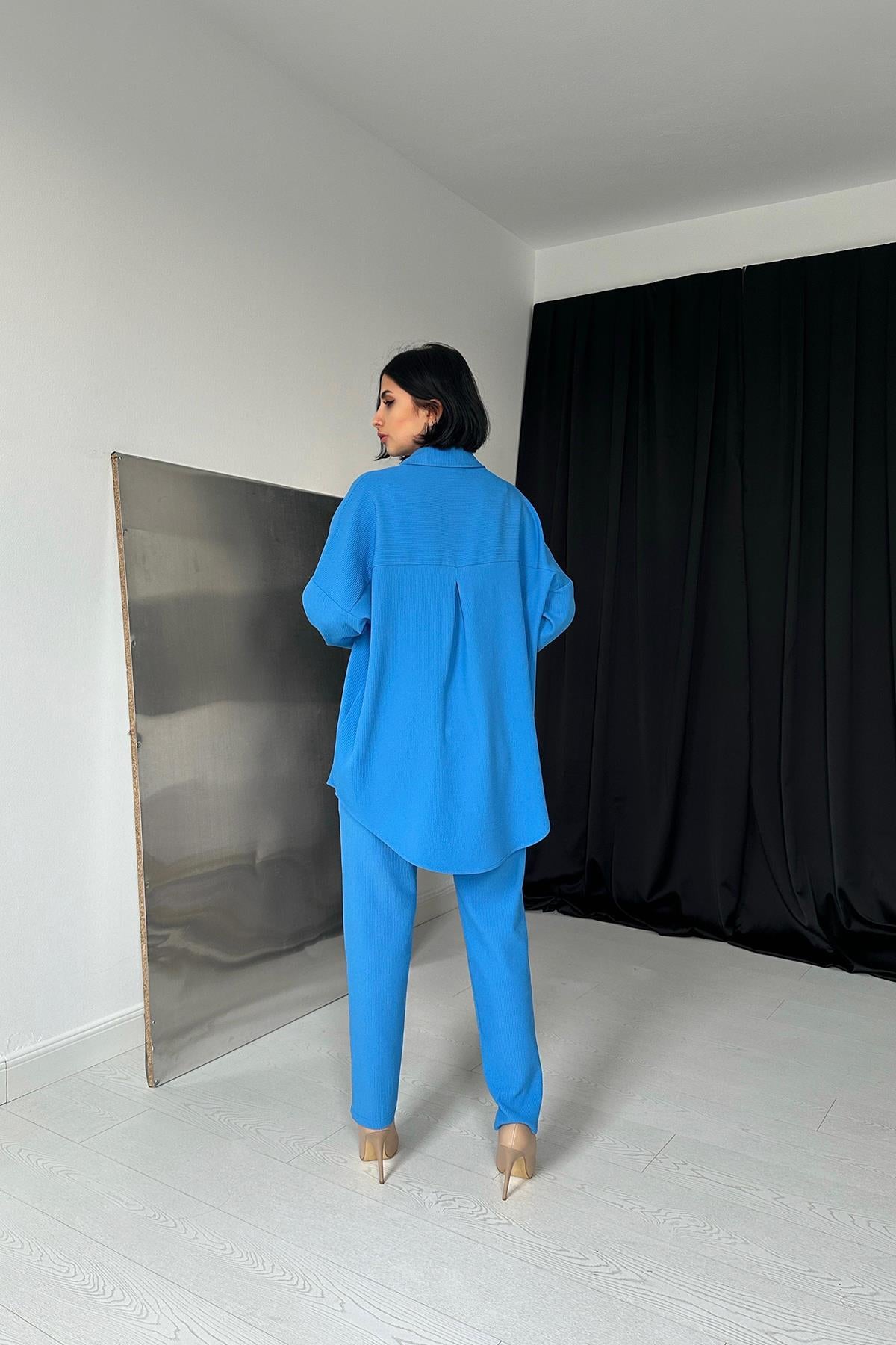 Toptan Mavi Gömleği Taşlı Fitilli Takım