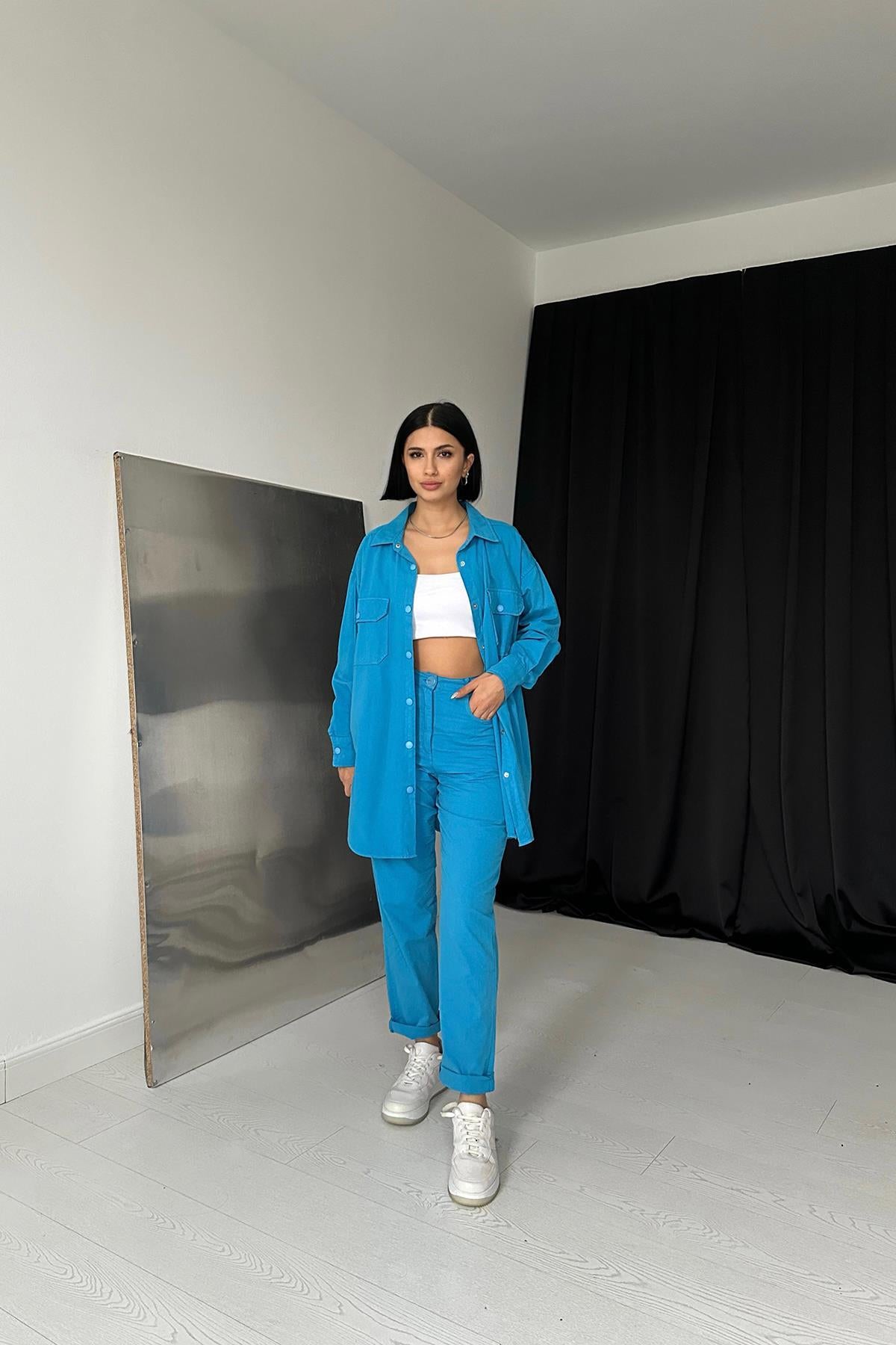 Toptan Mavi Gömlek Ve Çıtçıtlı Pantolon Takım Mavi L