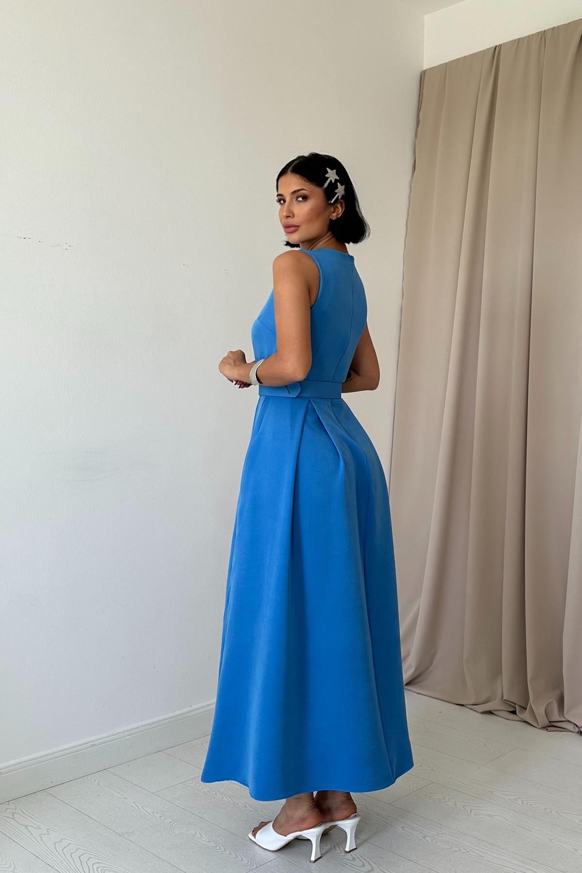 Toptan Mavi Halter Yaka Kloş Elbise