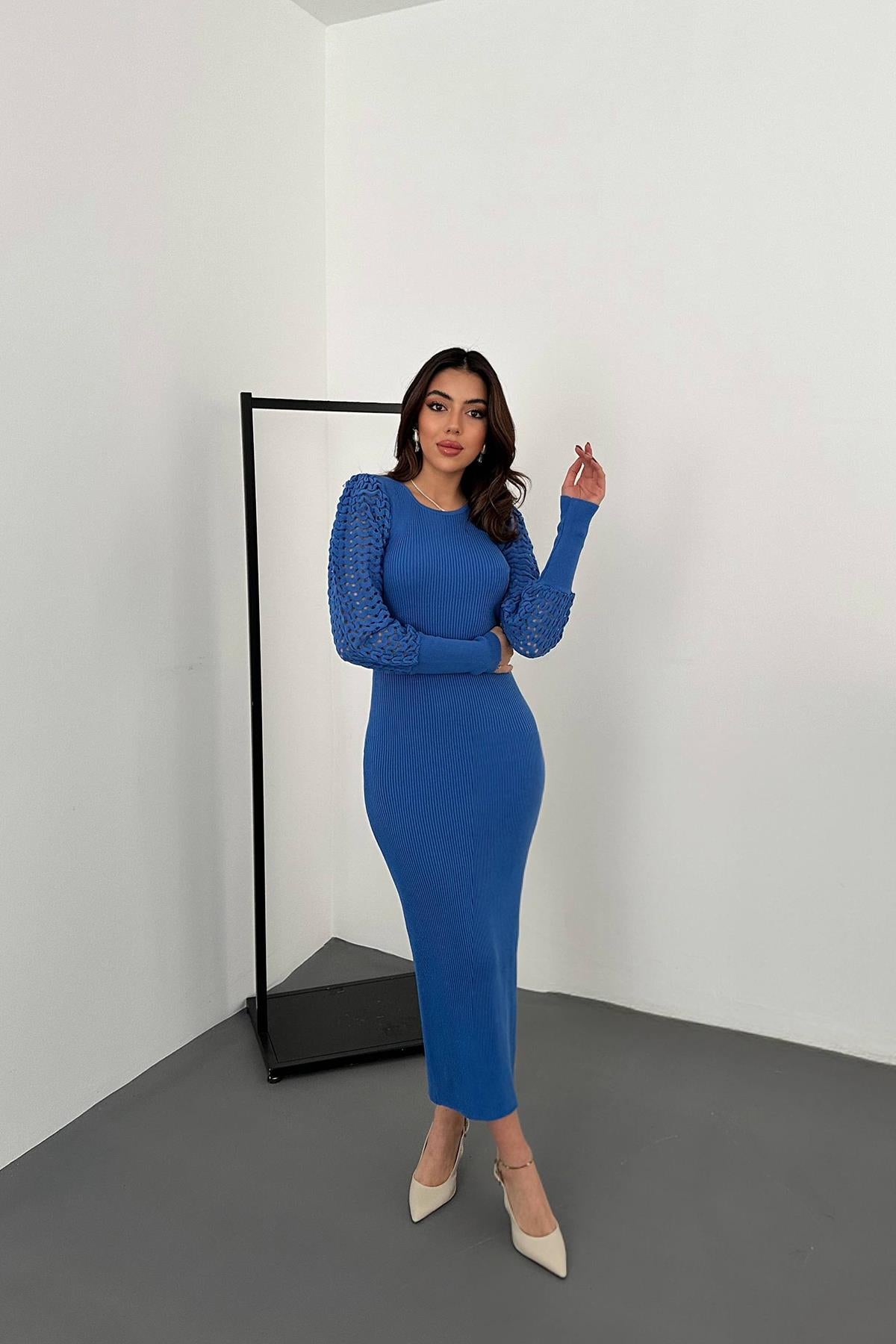 Toptan Mavi Kolları Örgülü Triko Elbise Mavi STD
