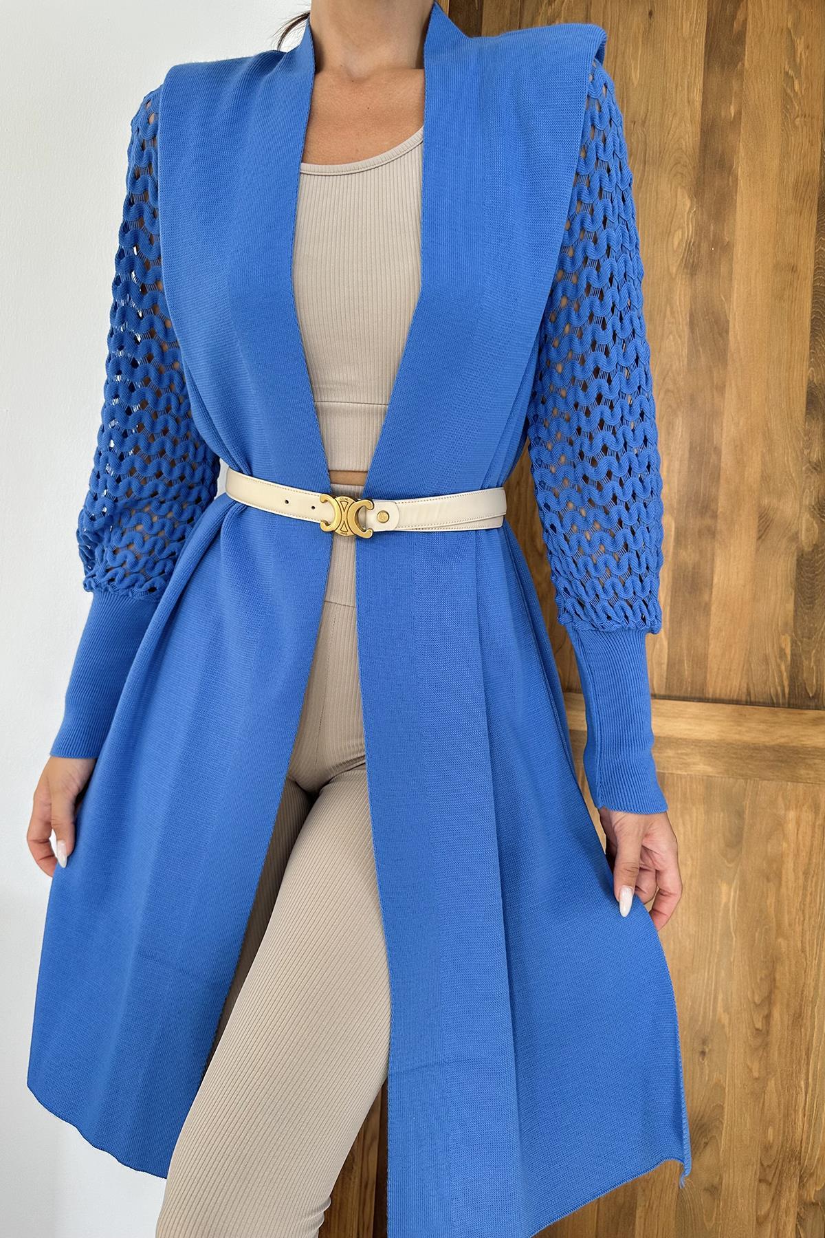 Toptan Mavi Kolları Örgülü Triko Hırka