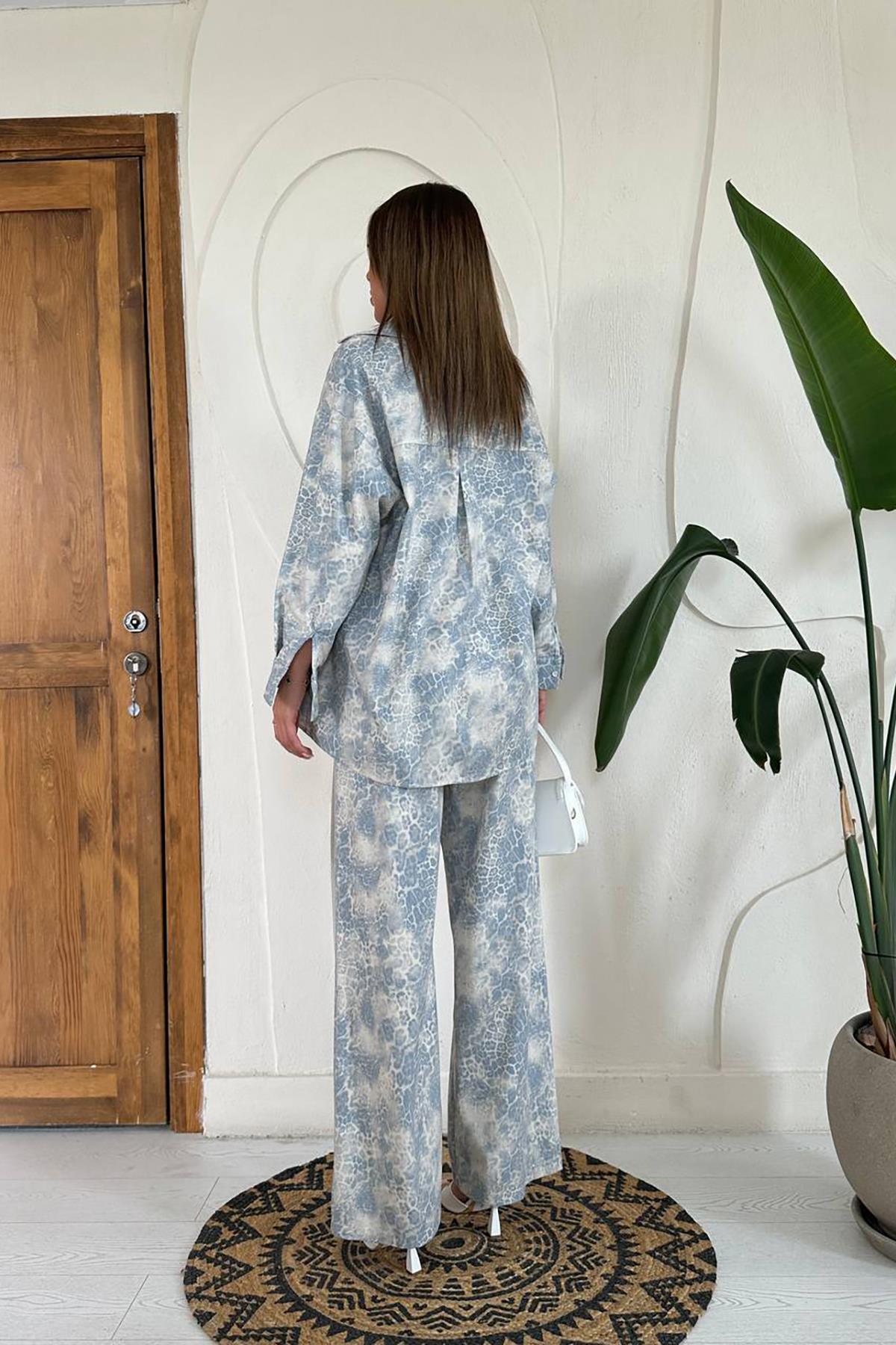 Toptan Mavi Leopar Desenli Ceket Ve Pantolon Keten Takım