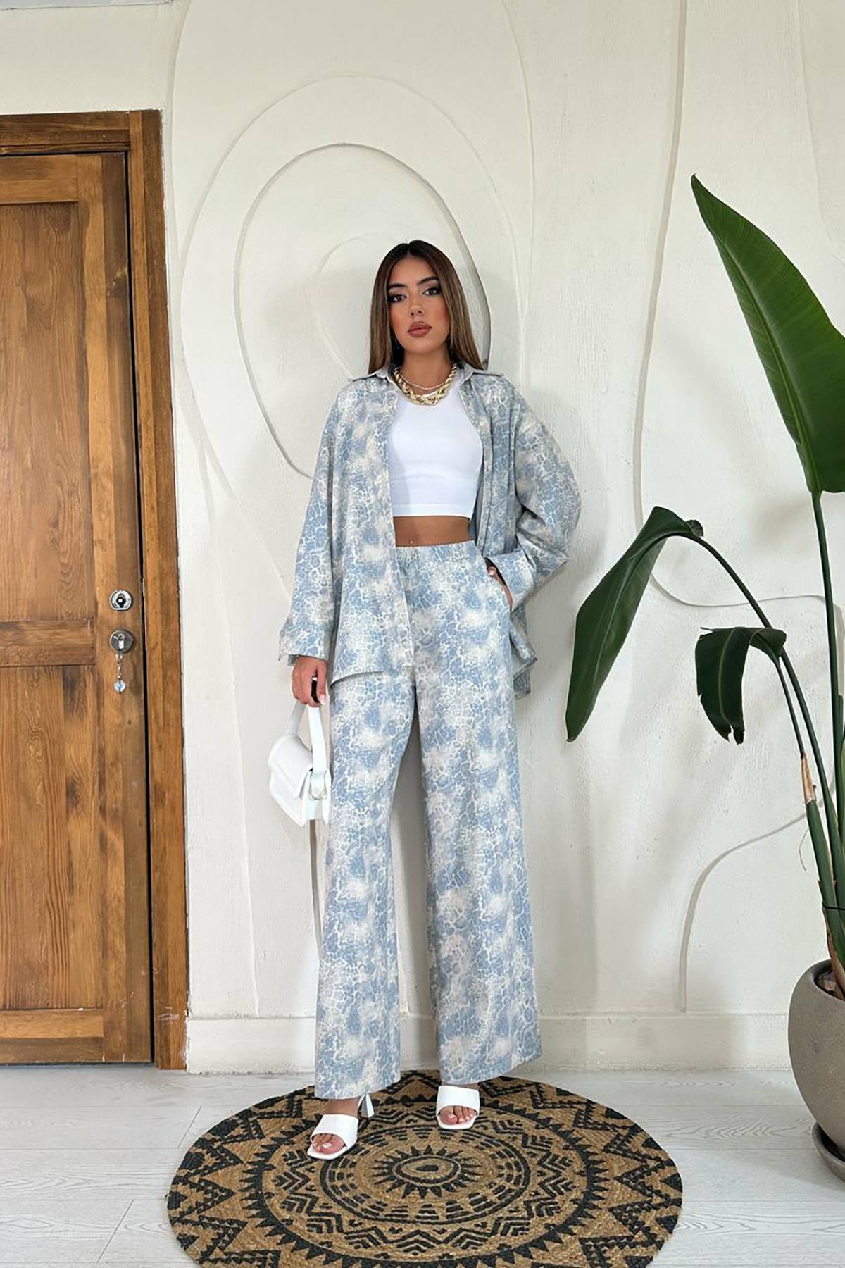 Toptan Mavi Leopar Desenli Ceket Ve Pantolon Keten Takım