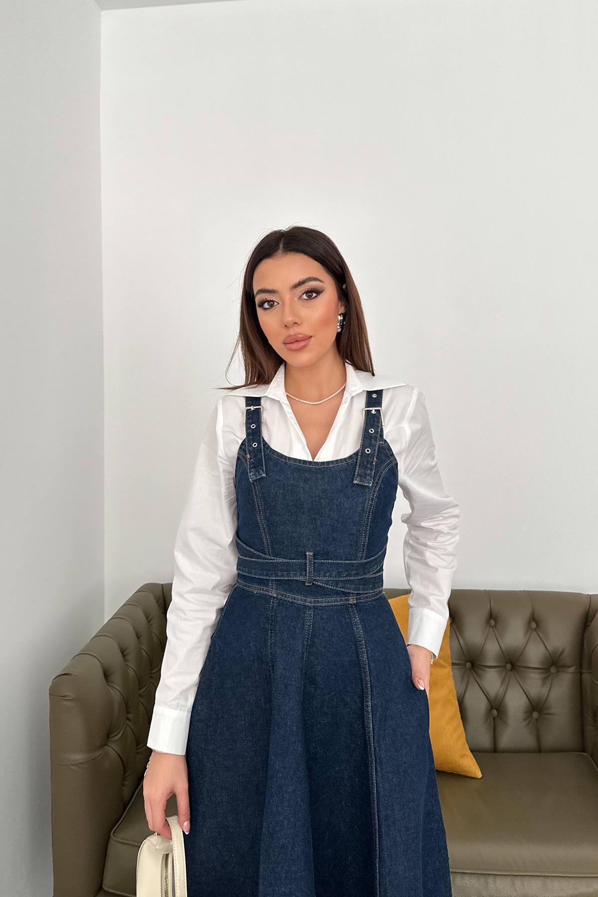 Toptan Mavi Midi Boy Bantlı Kot Elbise