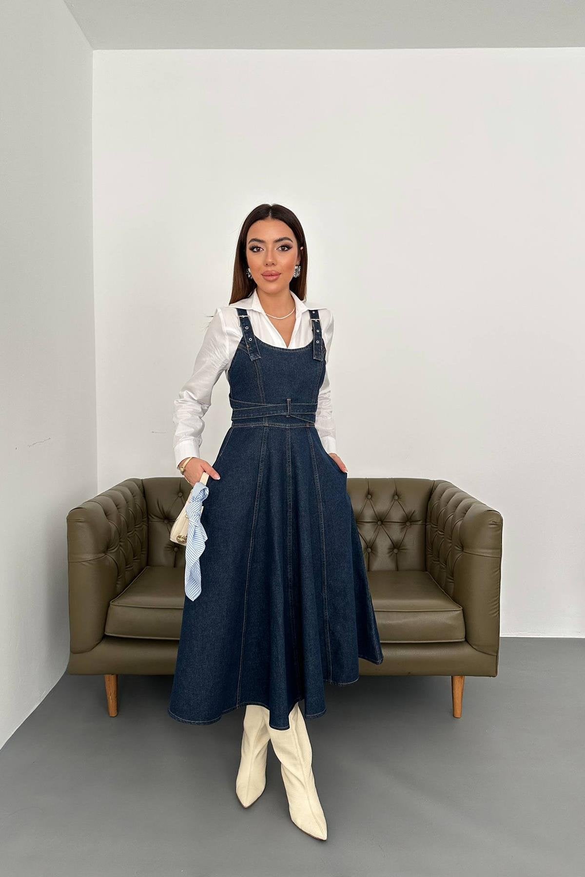 Toptan Mavi Midi Boy Bantlı Kot Elbise Mavi L