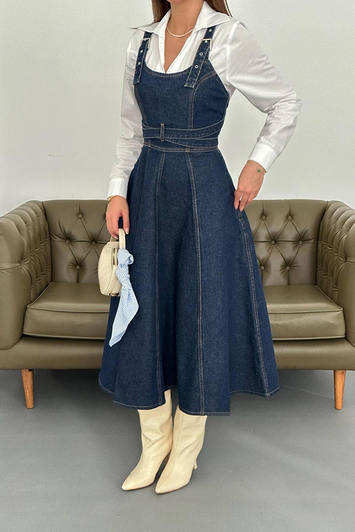 Toptan Mavi Midi Boy Bantlı Kot Elbise