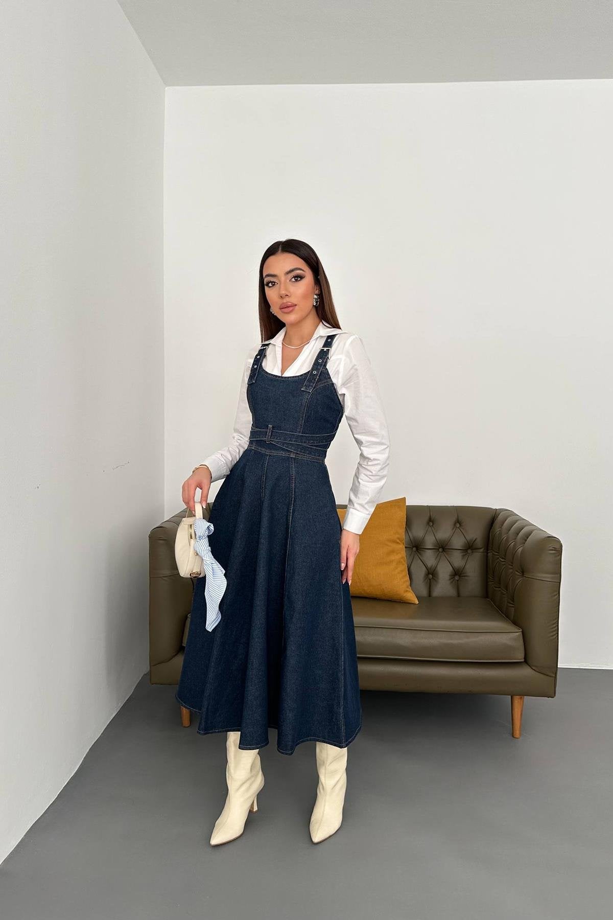 Toptan Mavi Midi Boy Bantlı Kot Elbise