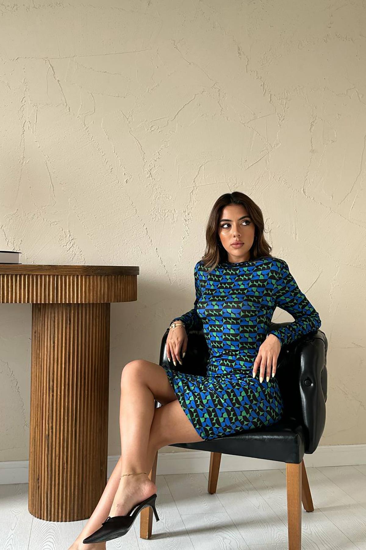 Toptan Mavi Pilise Desenli Elbise