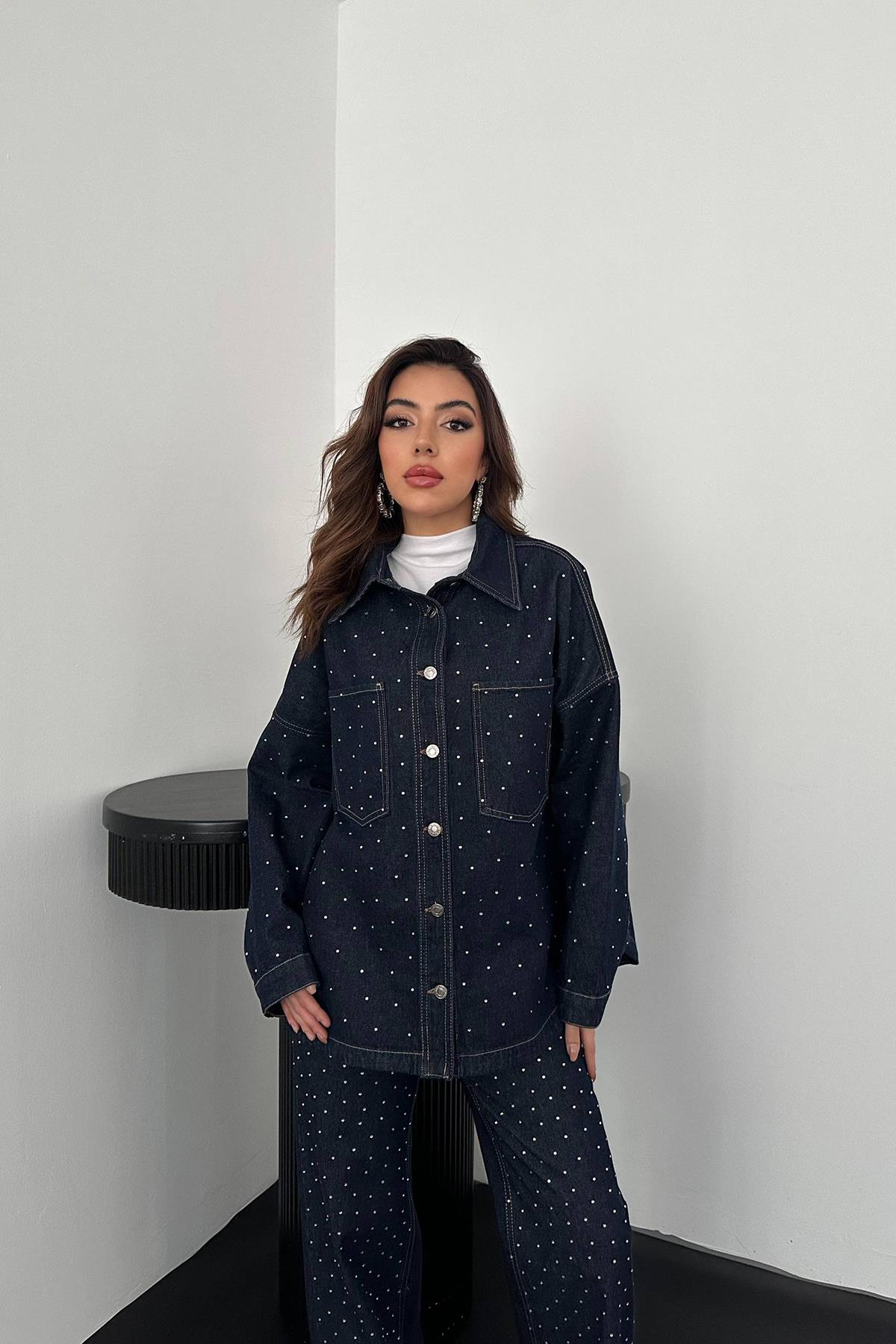 Toptan Mavi Taşlı Kot Gömlek Pantolon Takım