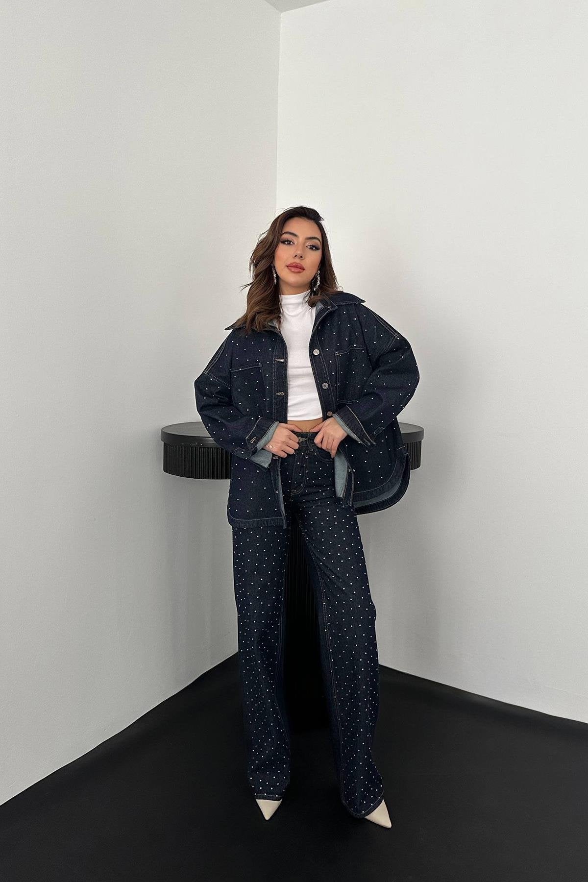 Toptan Mavi Taşlı Kot Gömlek Pantolon Takım Mavi L