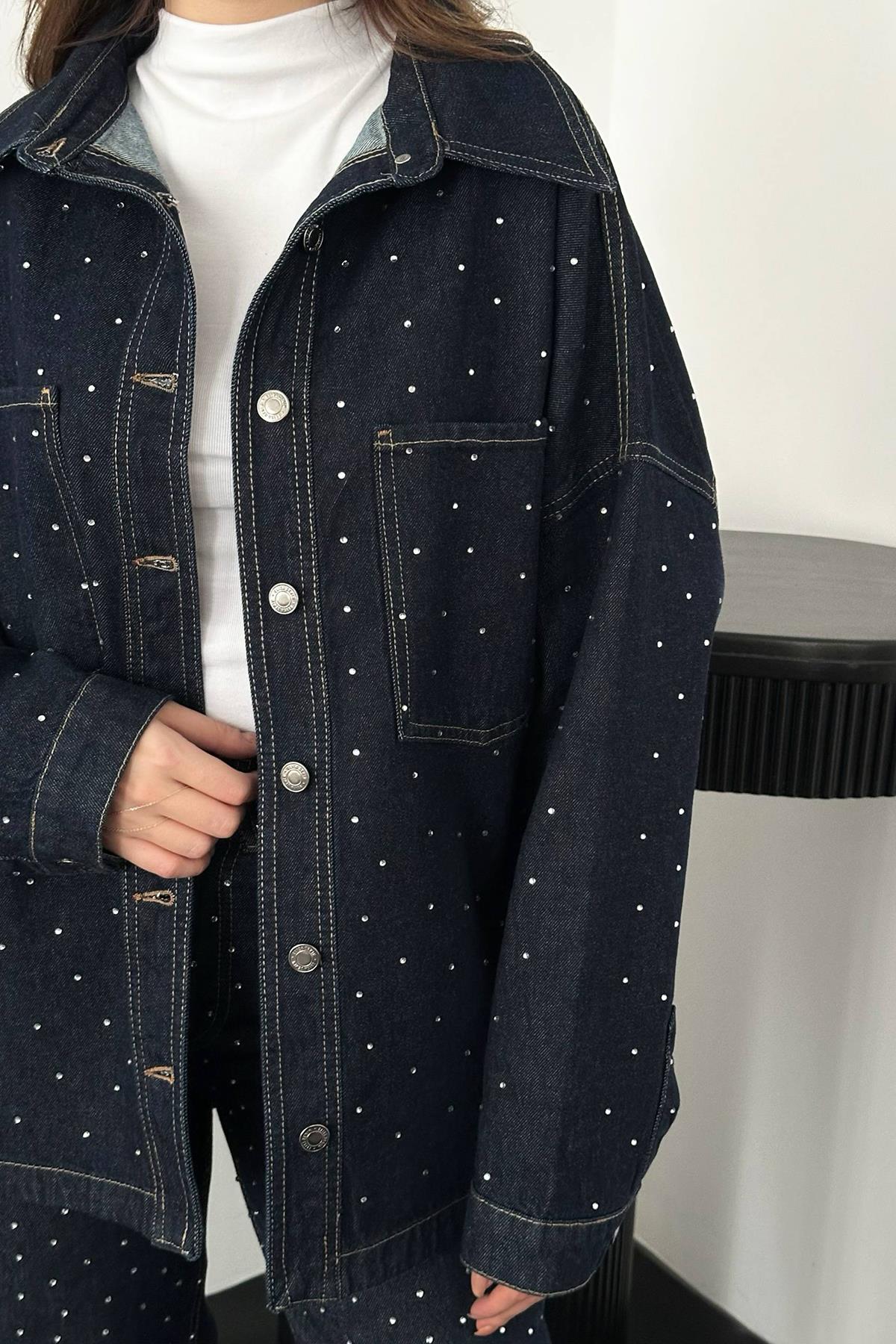 Toptan Mavi Taşlı Kot Gömlek Pantolon Takım