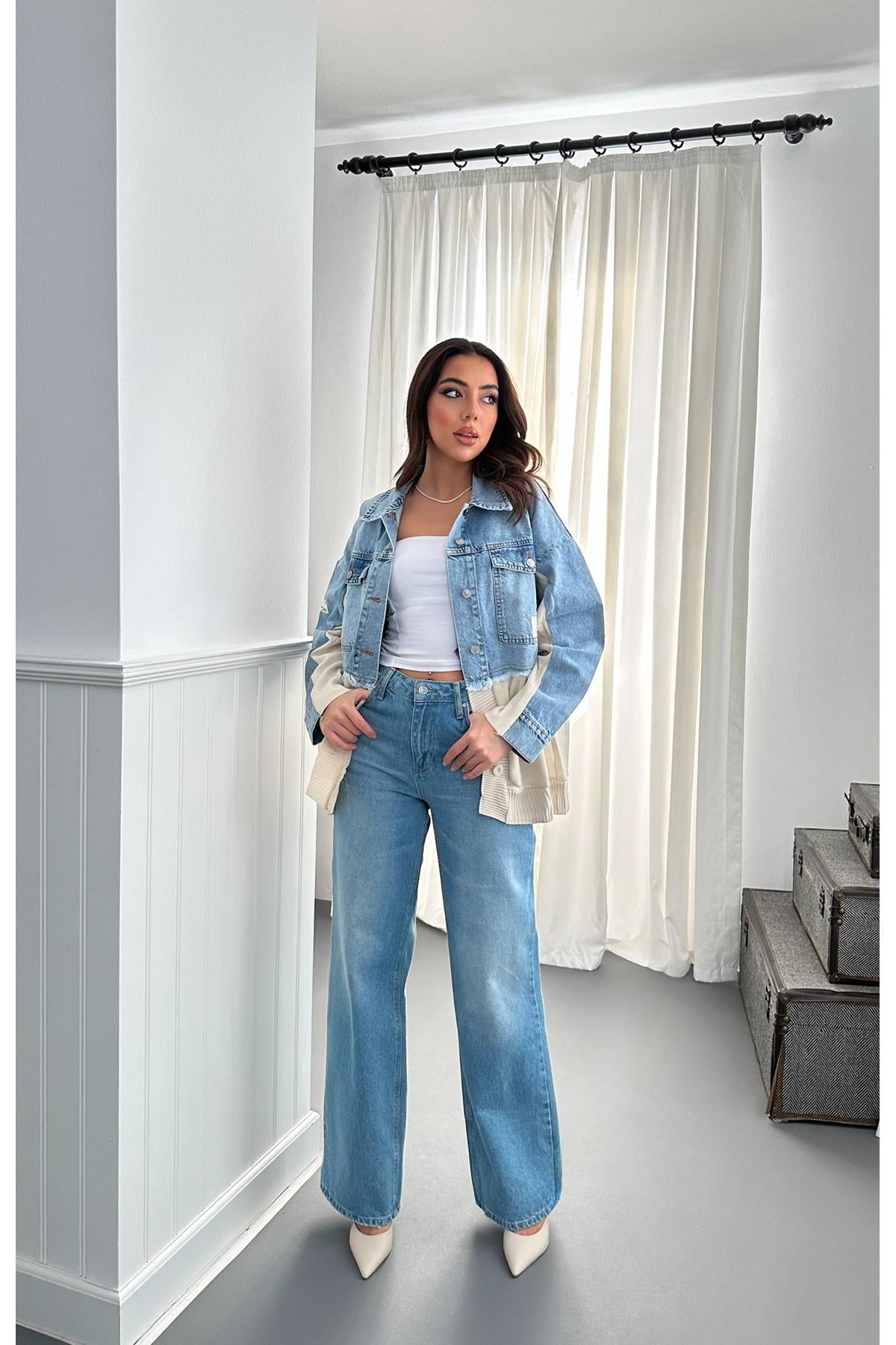 Toptan Mavi Triko Garnili Kot Ceket