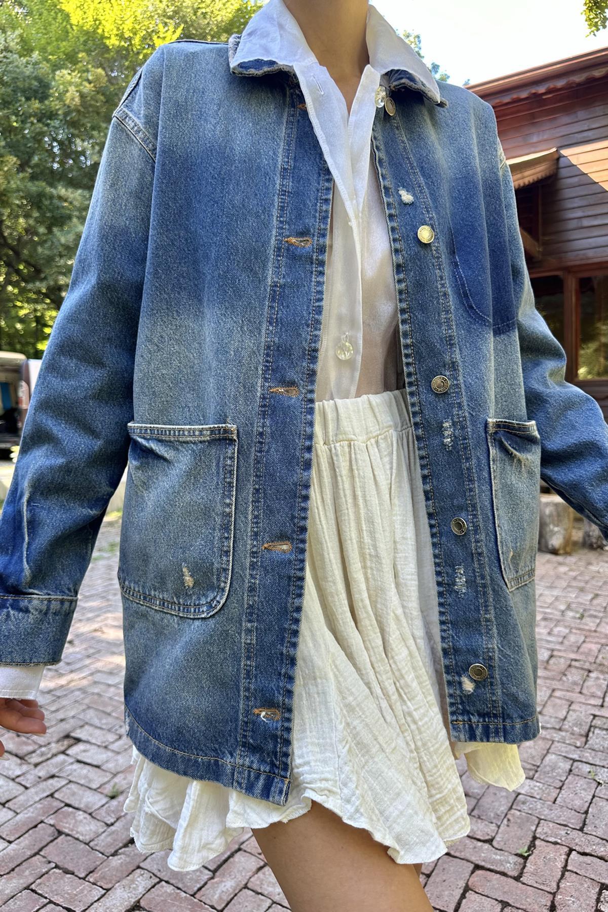 Toptan Mavi Vintage Kot Ceket