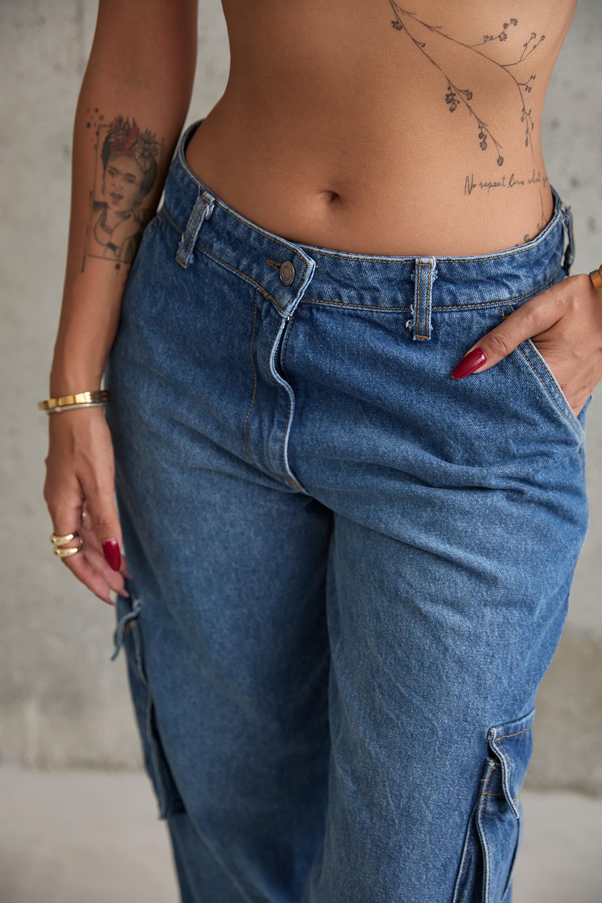 Toptan Mavi Yan Cepli Jeans Pantolon