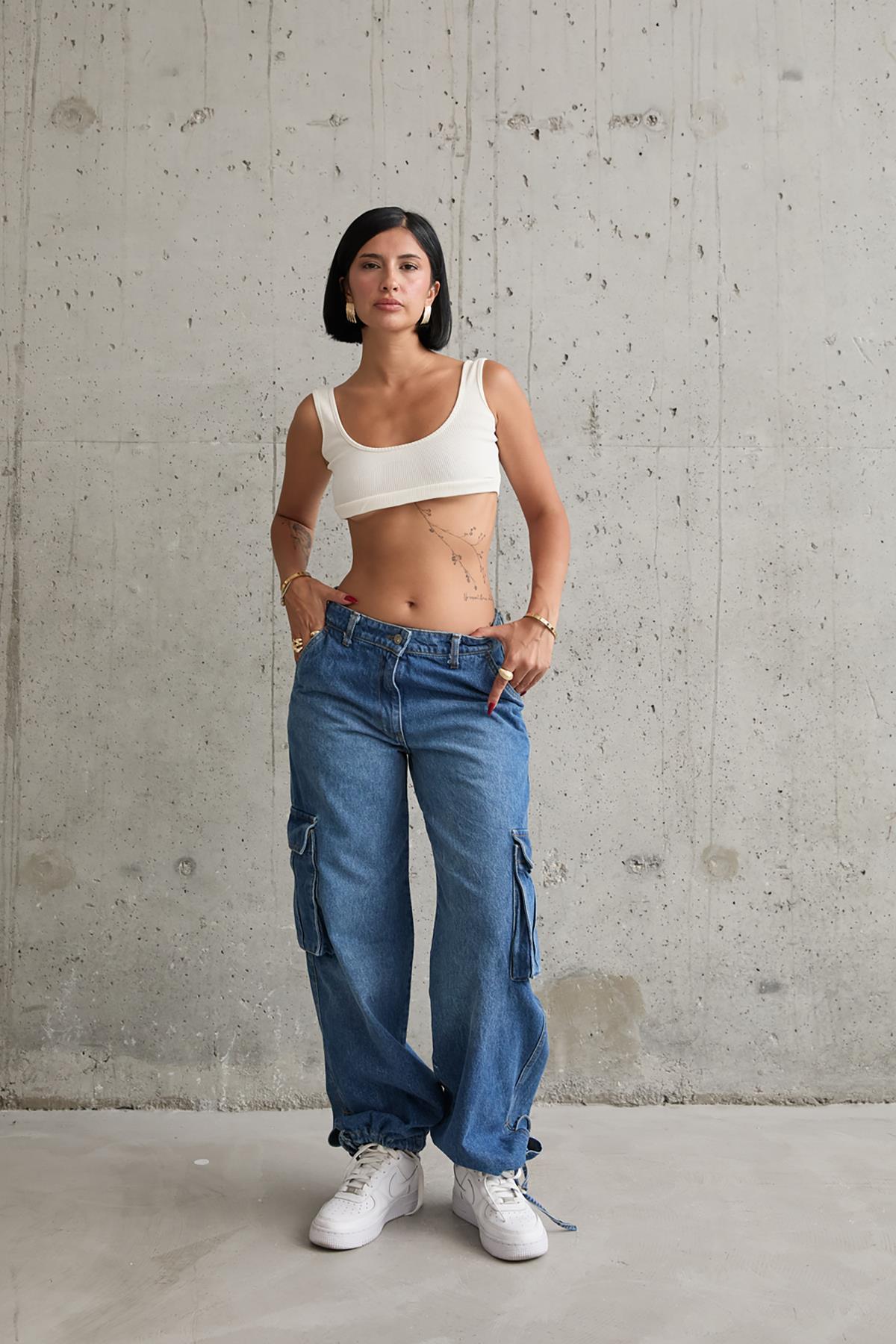 Toptan Mavi Yan Cepli Jeans Pantolon Mavi L