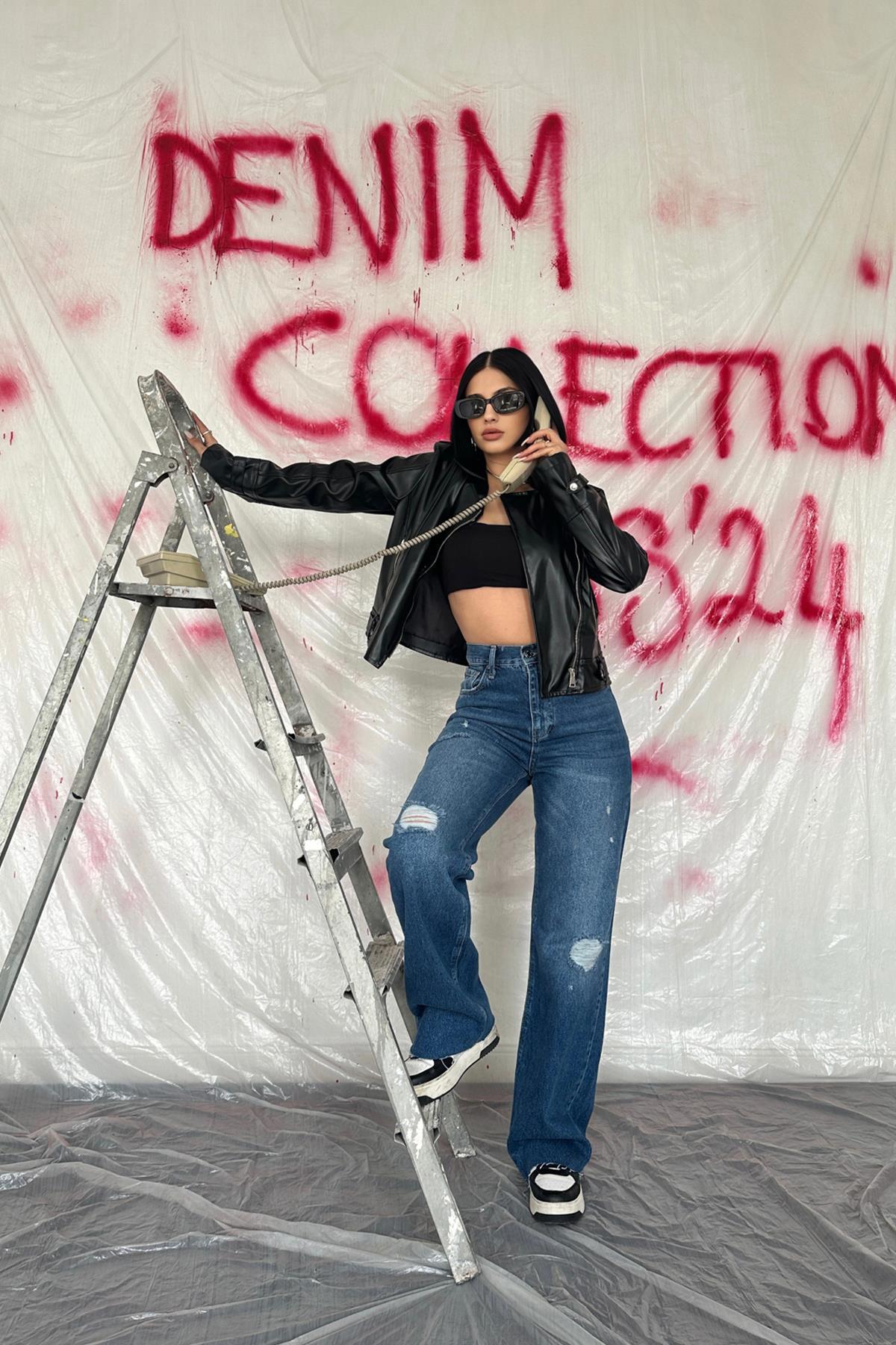 Toptan Mavi Yırtık Jeans Pantolon Mavi L