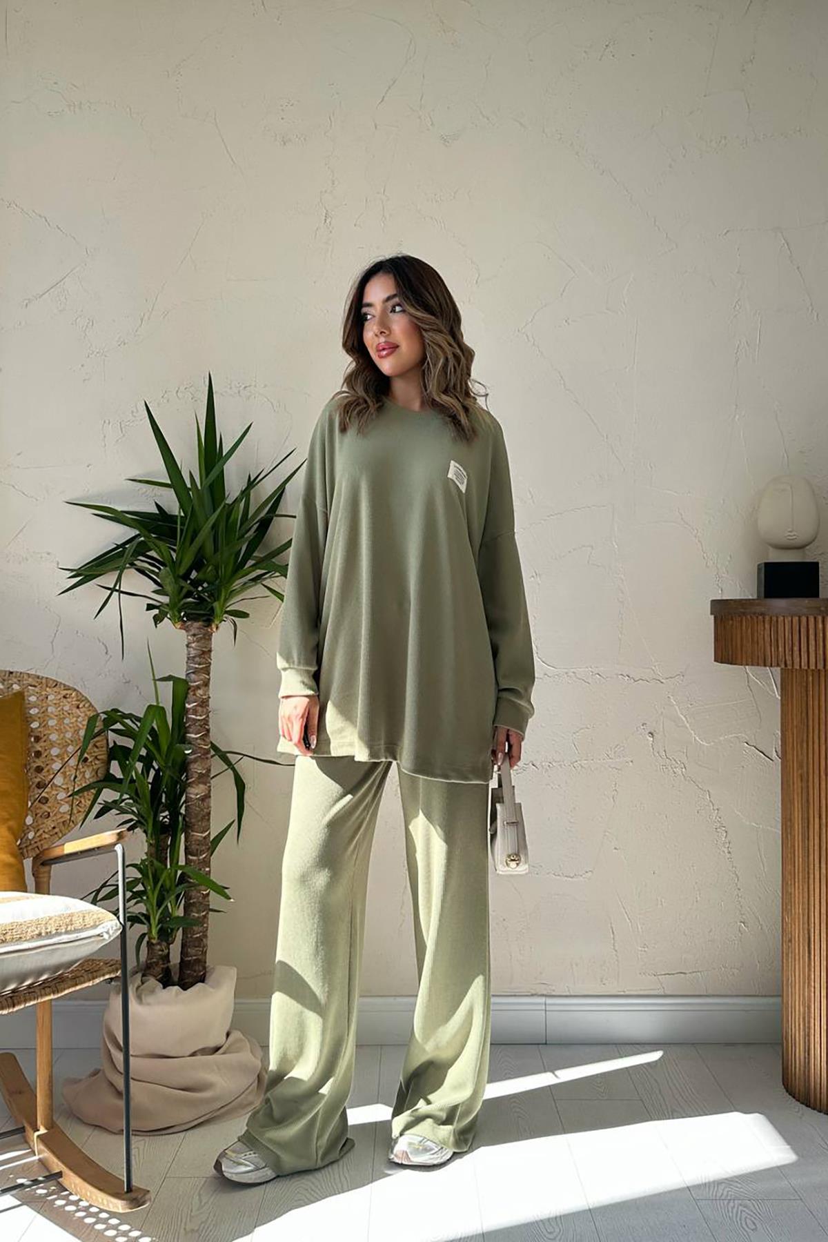 Toptan Mint Klasik Fitilli Kazak Ve Pantolon Takım Mint L