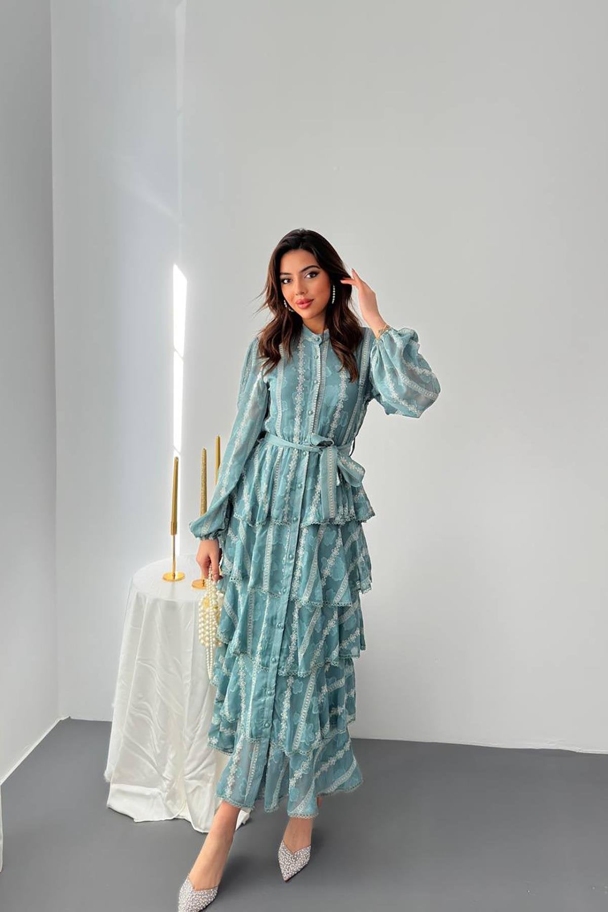 Toptan Mint Uzun Volanlı Elbise Mint L