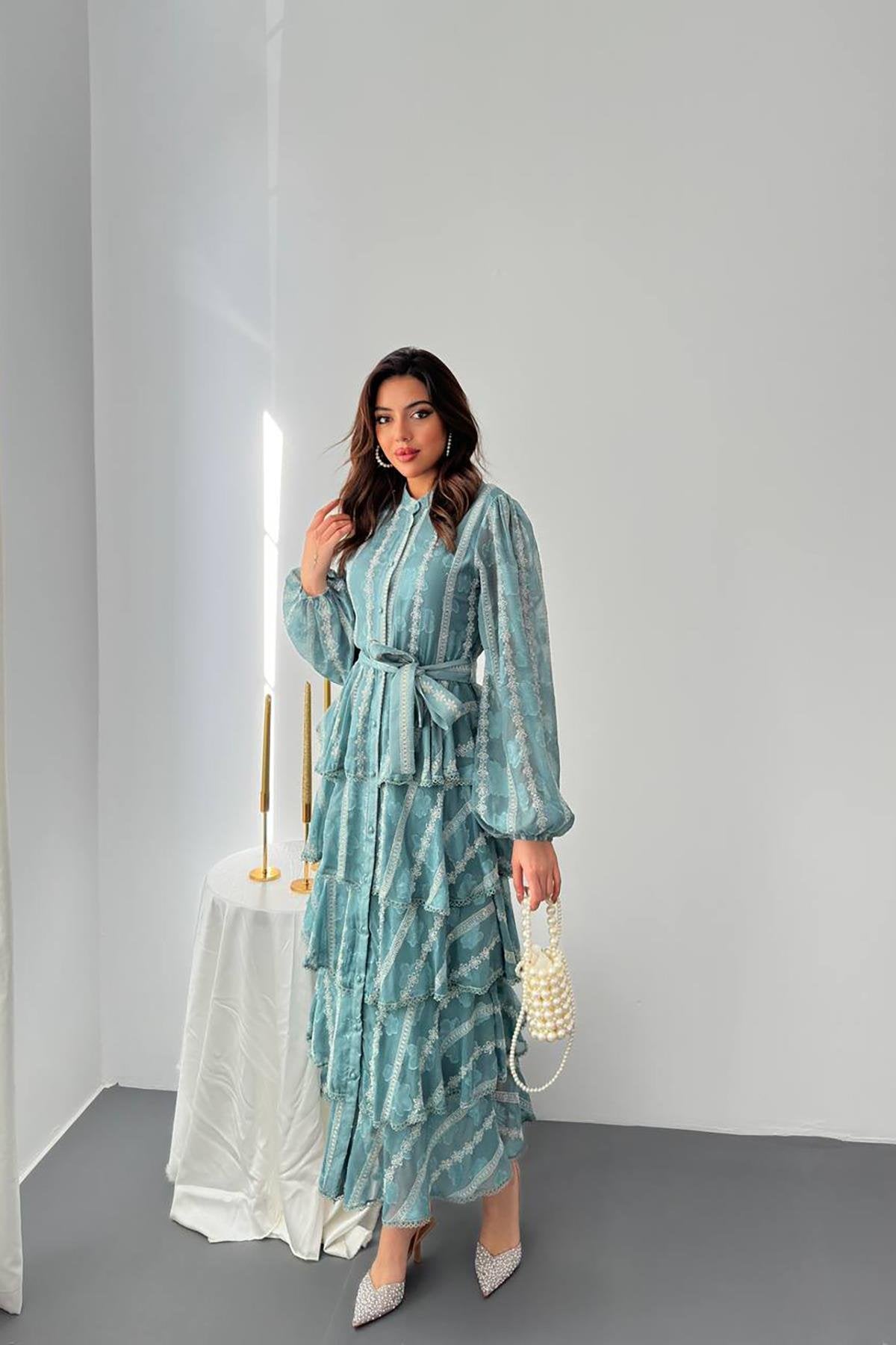 Toptan Mint Uzun Volanlı Elbise