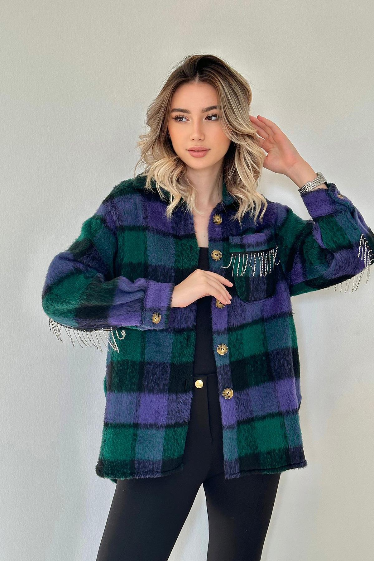 Toptan Mor Buklet Cepli Zincir Taşlı Gömlek Mor L