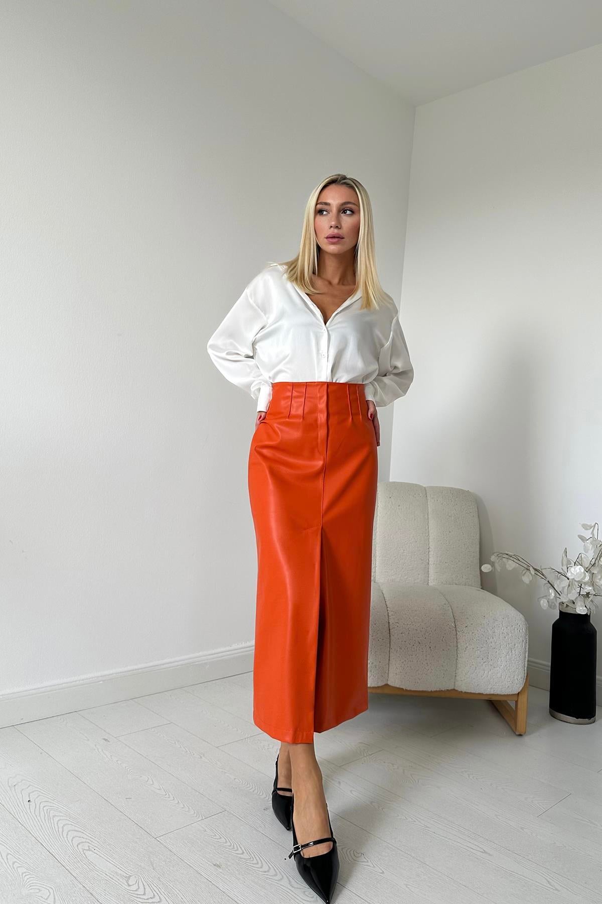 Toptan Oranj Yırtmaçlı Süs Patlı Etek Oranj L