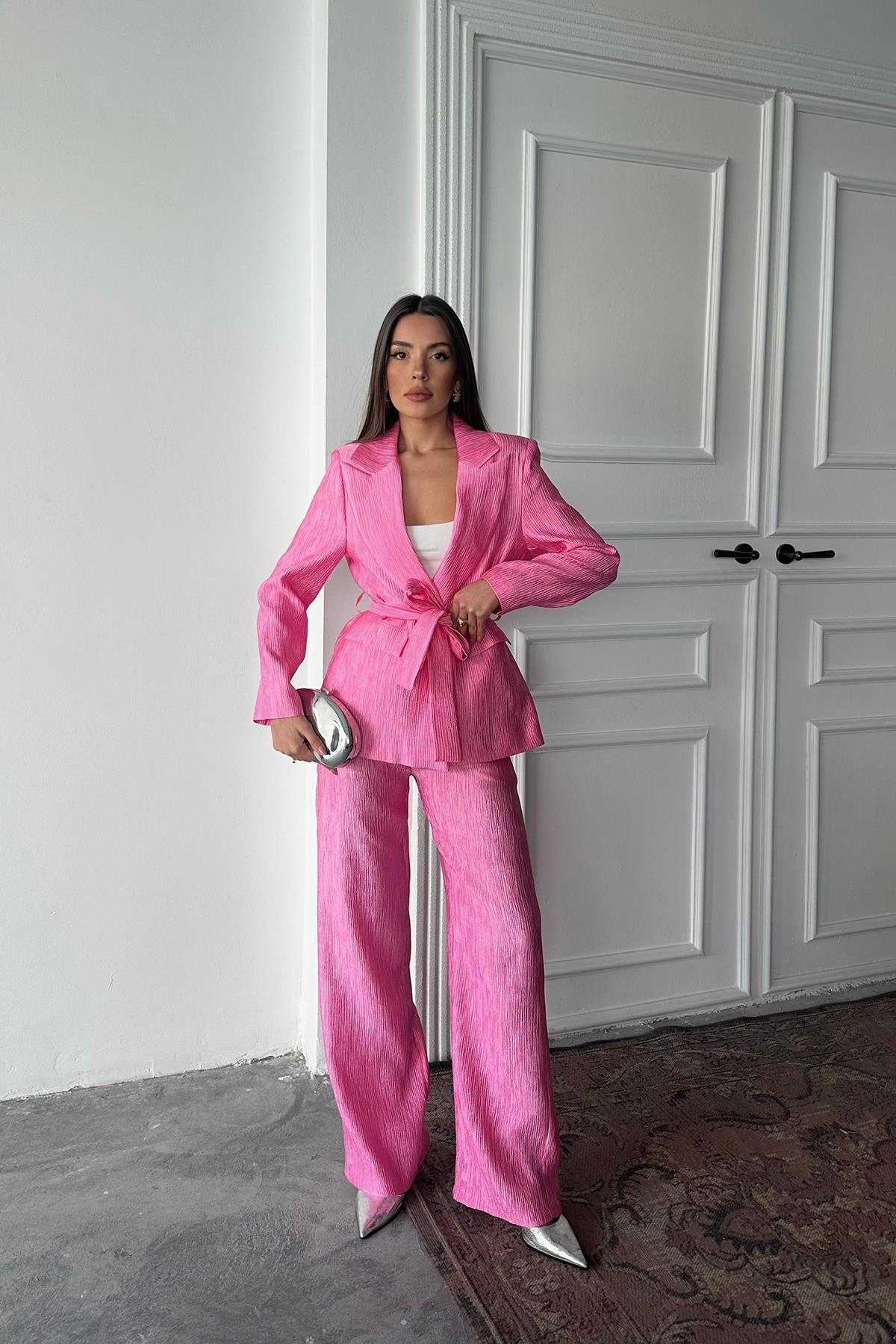 Toptan Pembe Beli Kuşaklı Ceket Ve Pantolon Parlak Takım Pembe L
