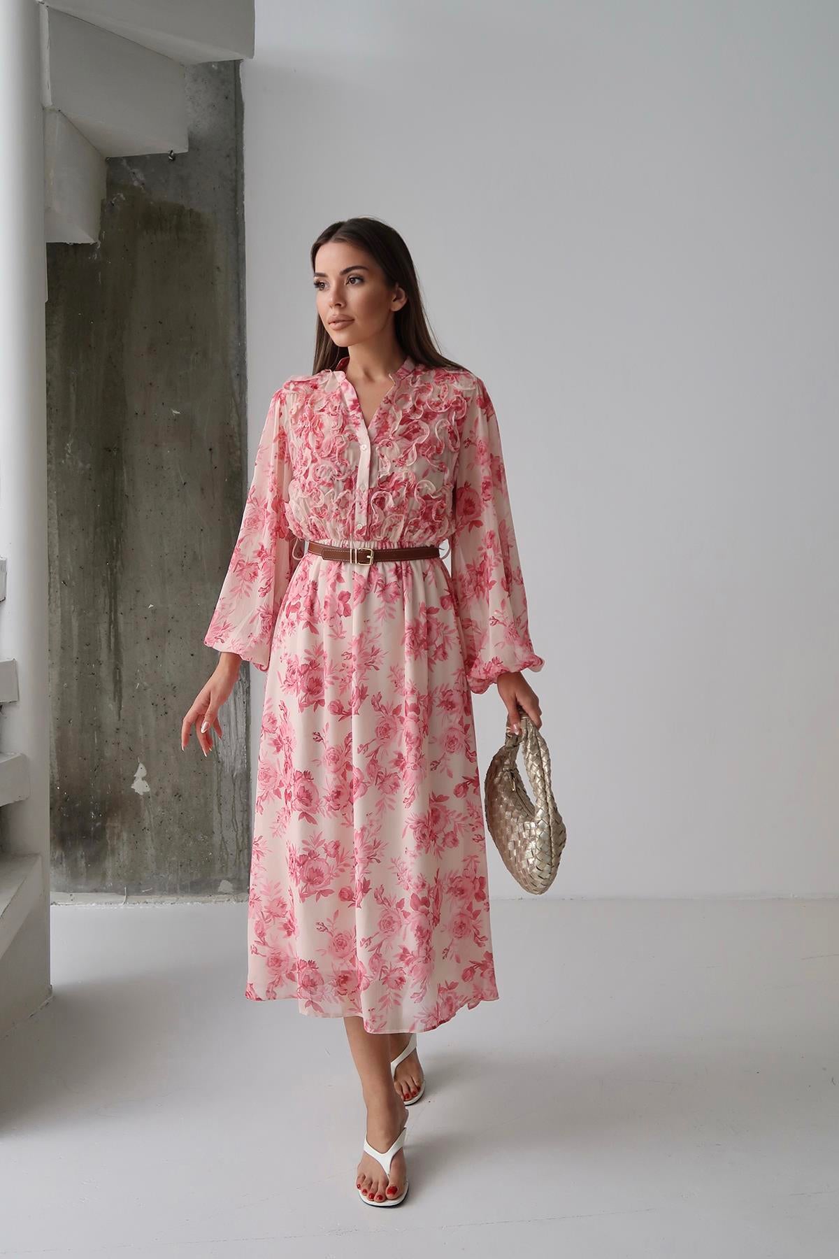 Toptan Pembe Biye Detaylı Elbise