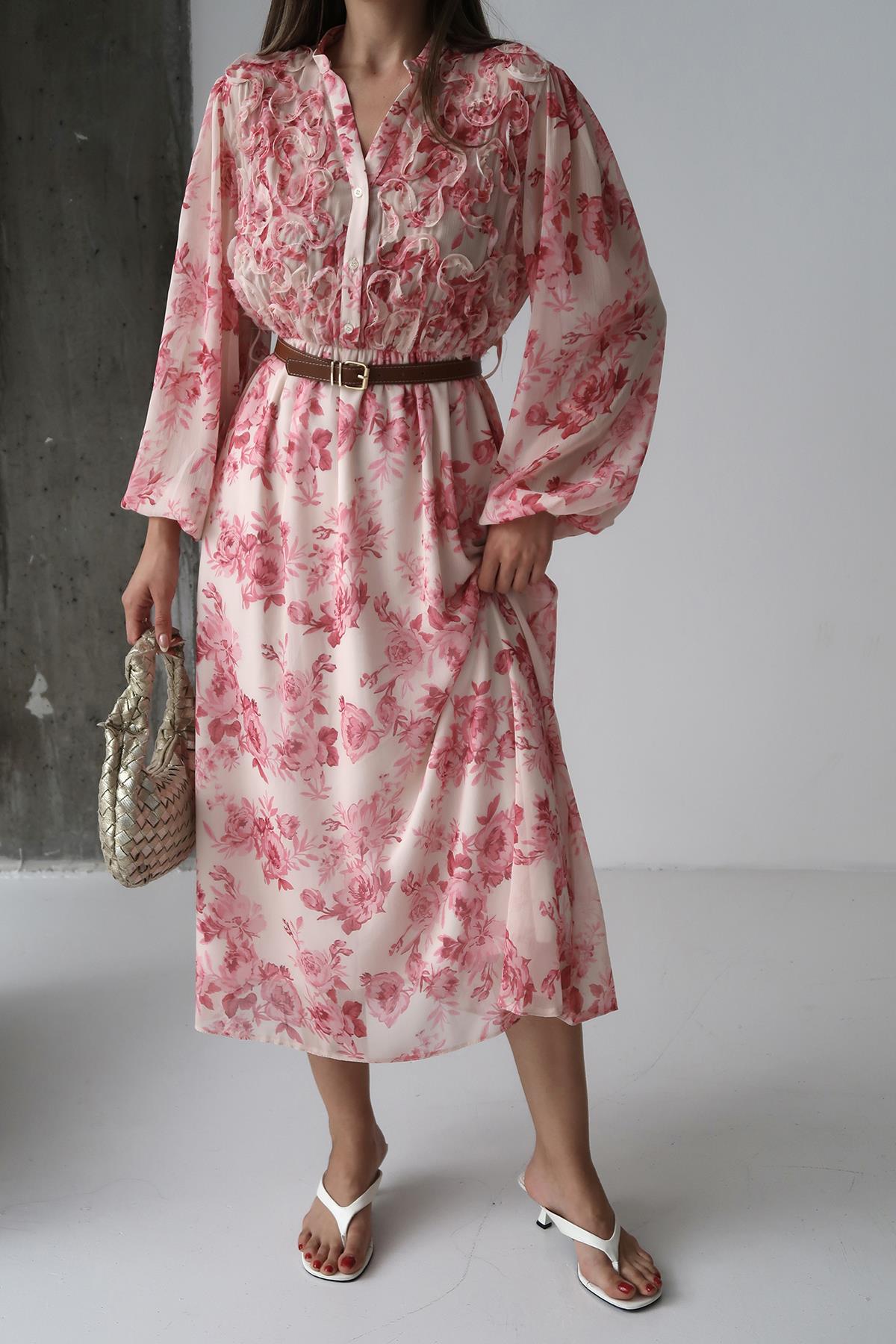 Toptan Pembe Biye Detaylı Elbise