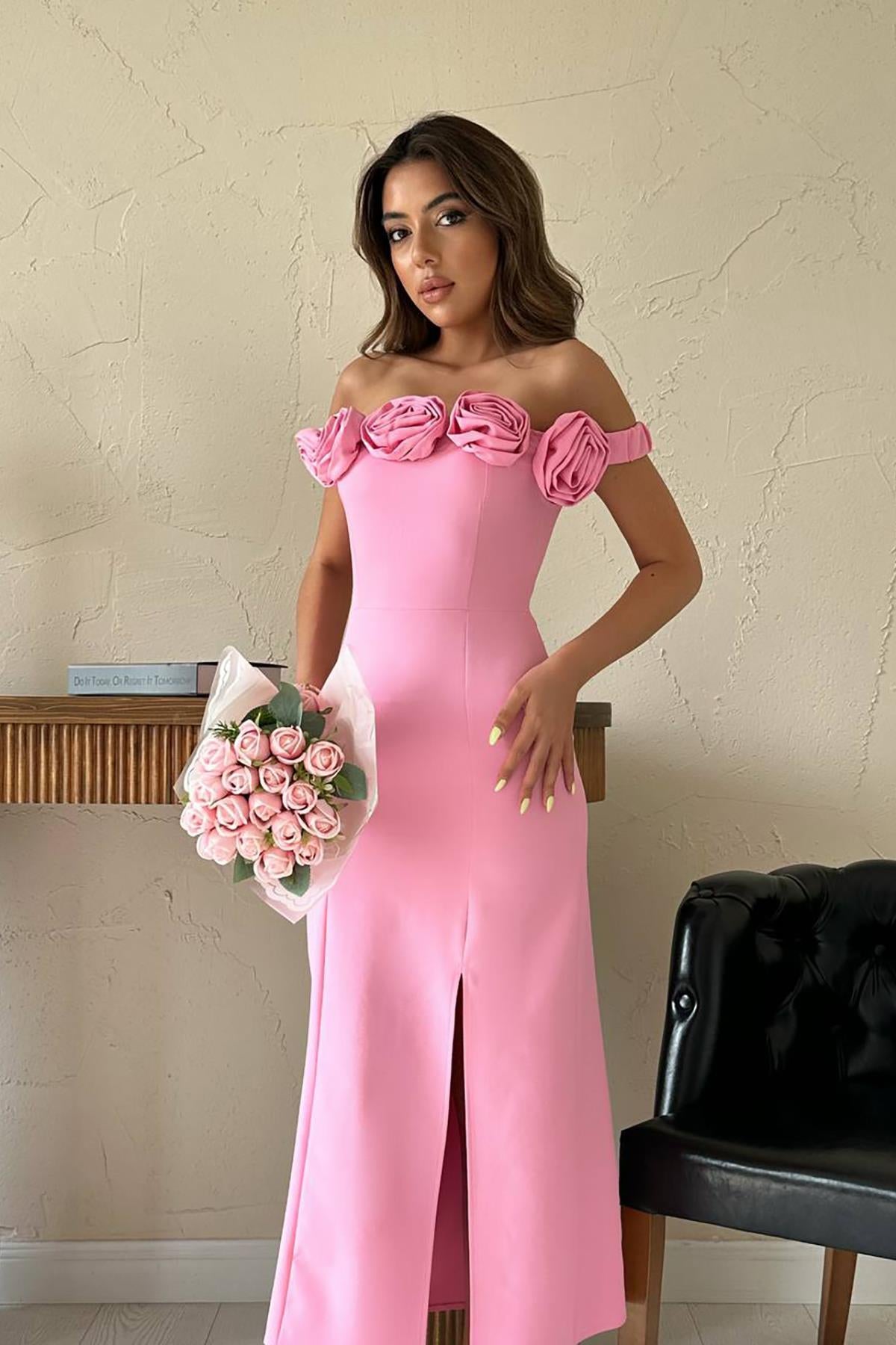 Toptan Pembe Madonna Yaka Güllü Elbise