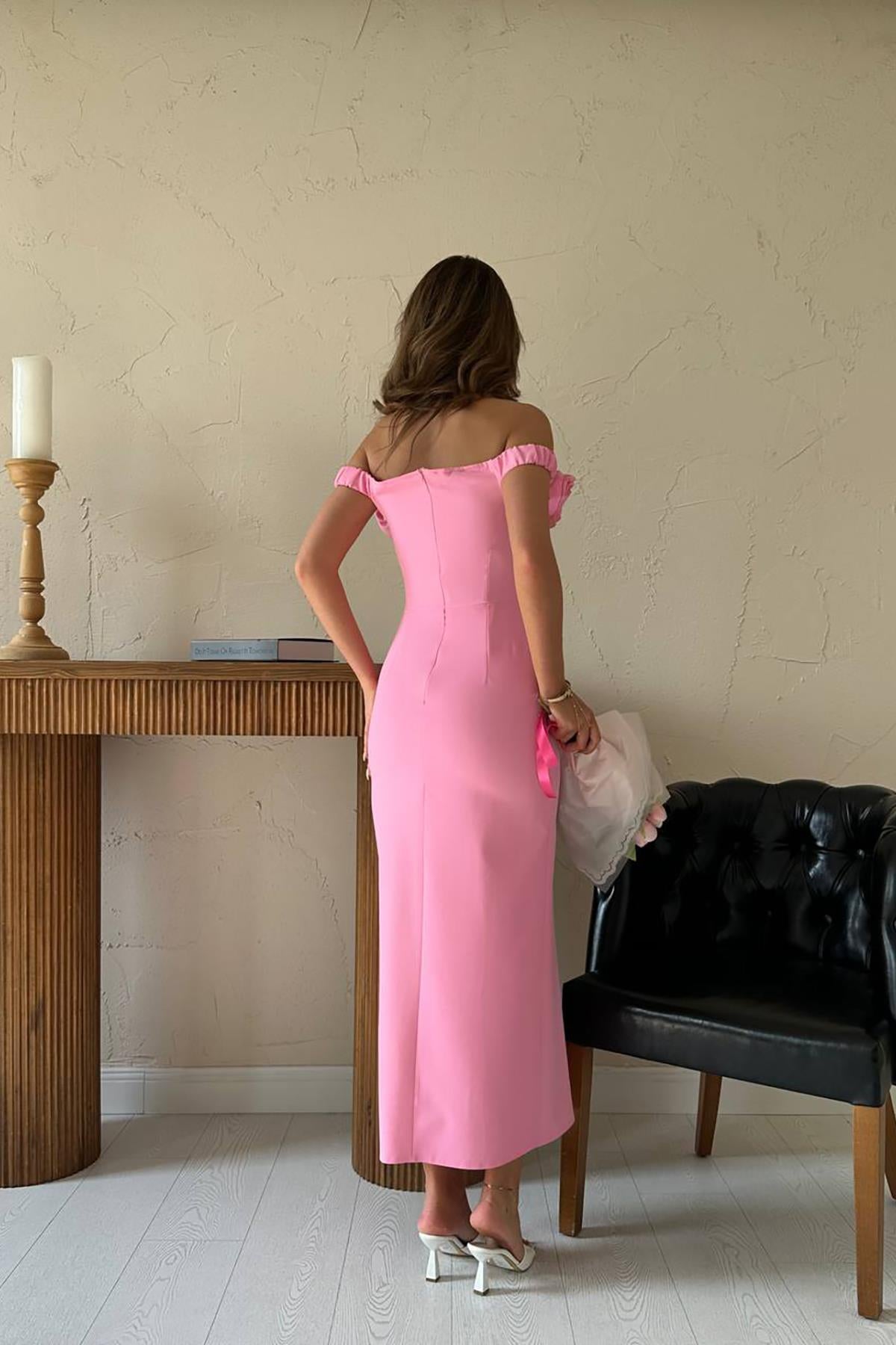 Toptan Pembe Madonna Yaka Güllü Elbise