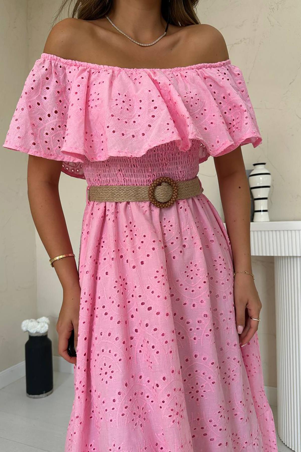 Toptan Pembe Omzu Lastikli Brode Elbise