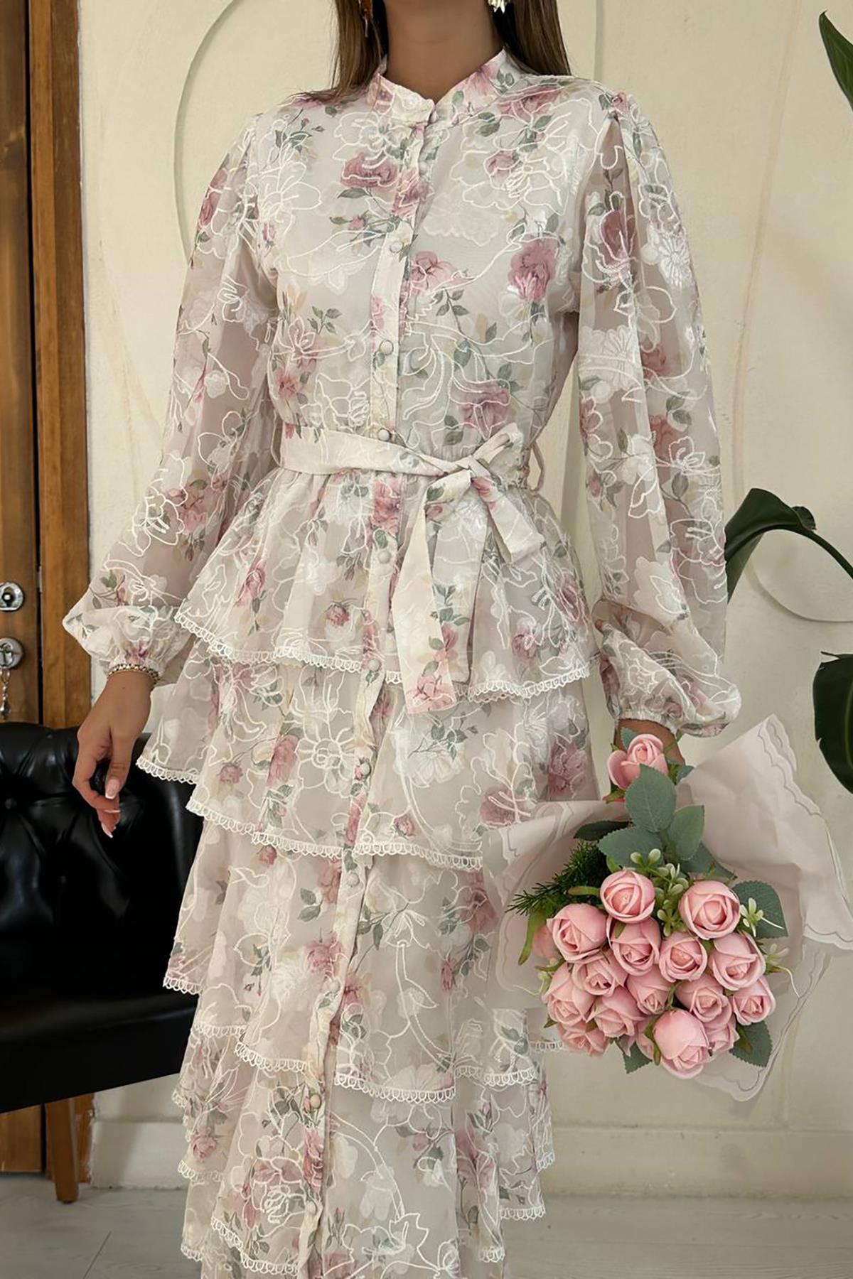 Toptan Pembe Valonlu Şeritli Kat Kat Elbise