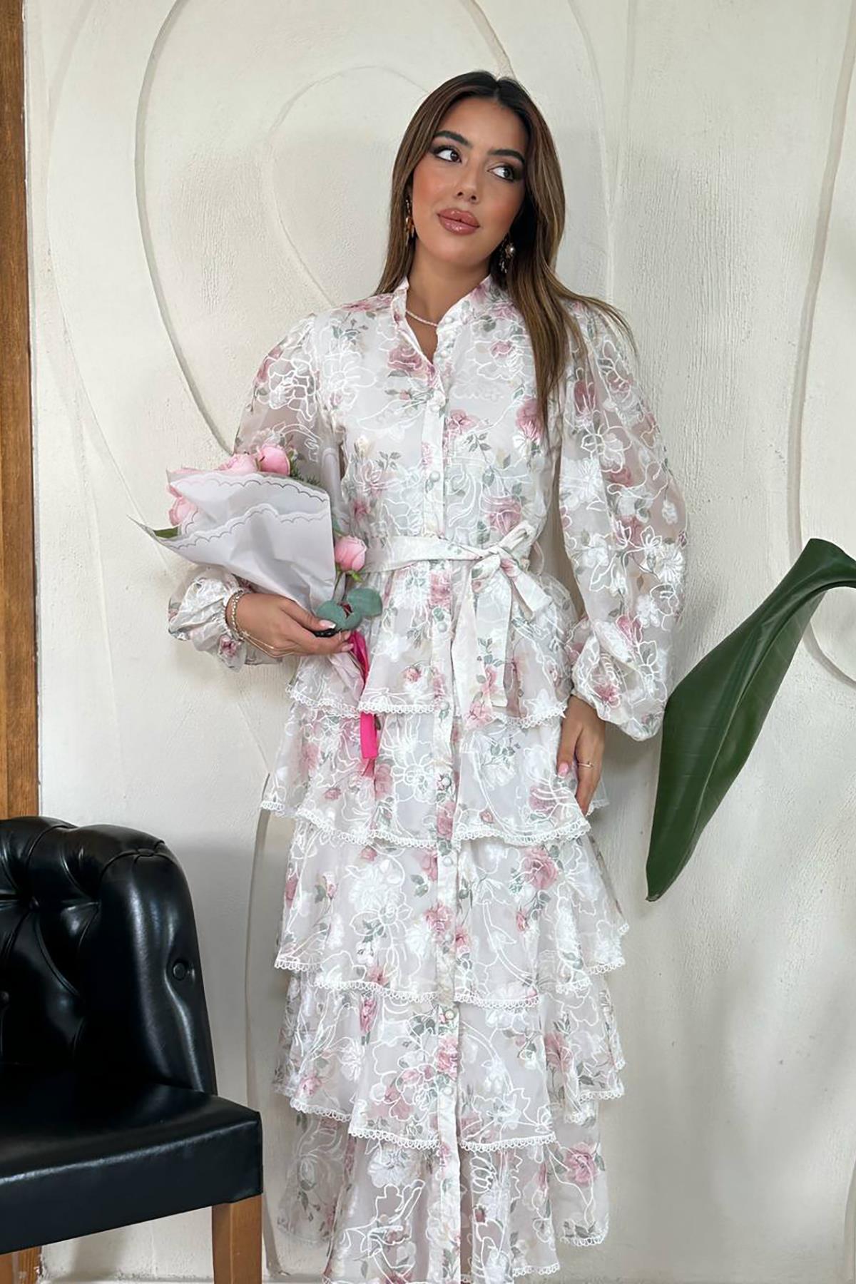 Toptan Pembe Valonlu Şeritli Kat Kat Elbise