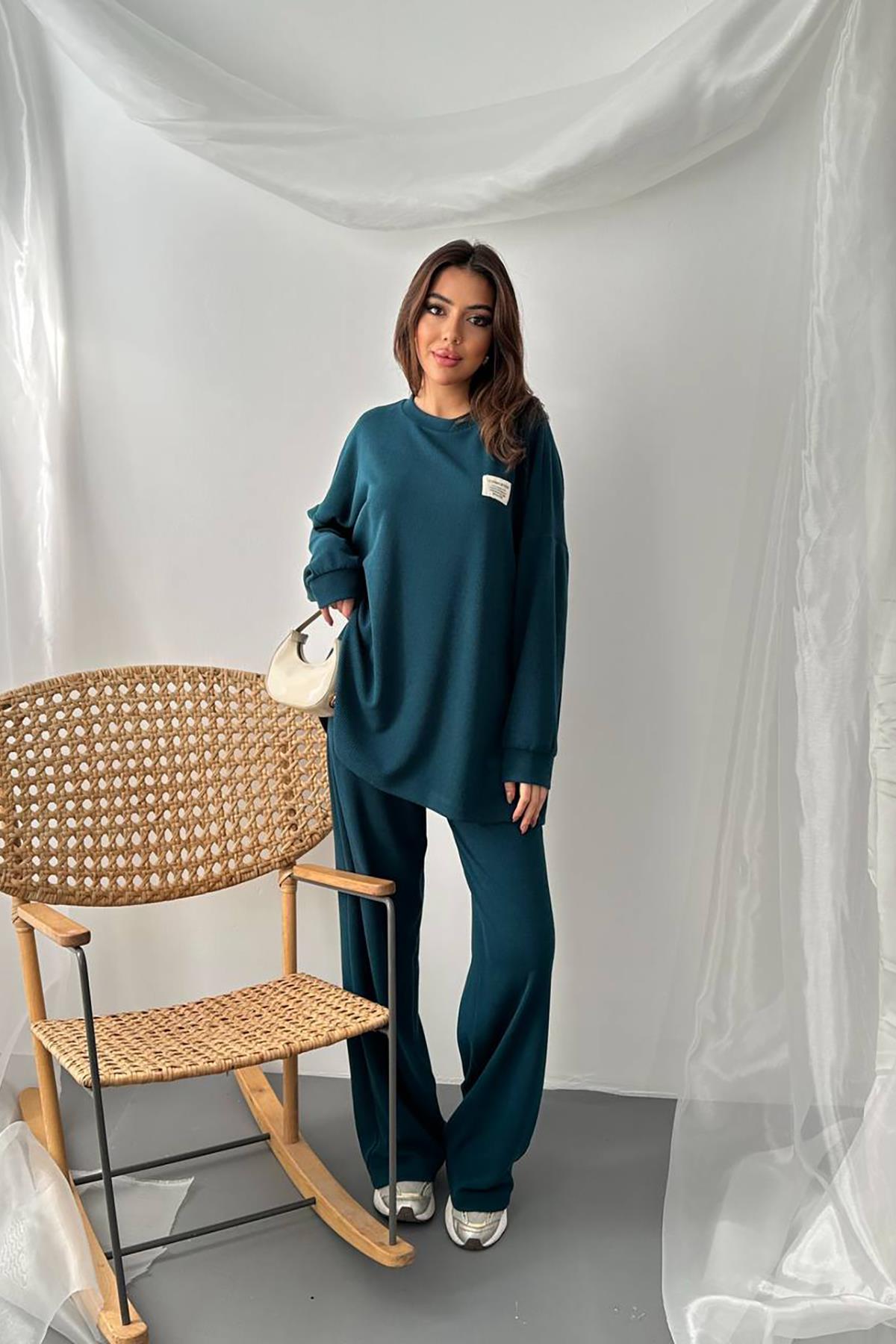 Toptan Petrol Klasik Fitilli Kazak Ve Pantolon Takım Petrol L