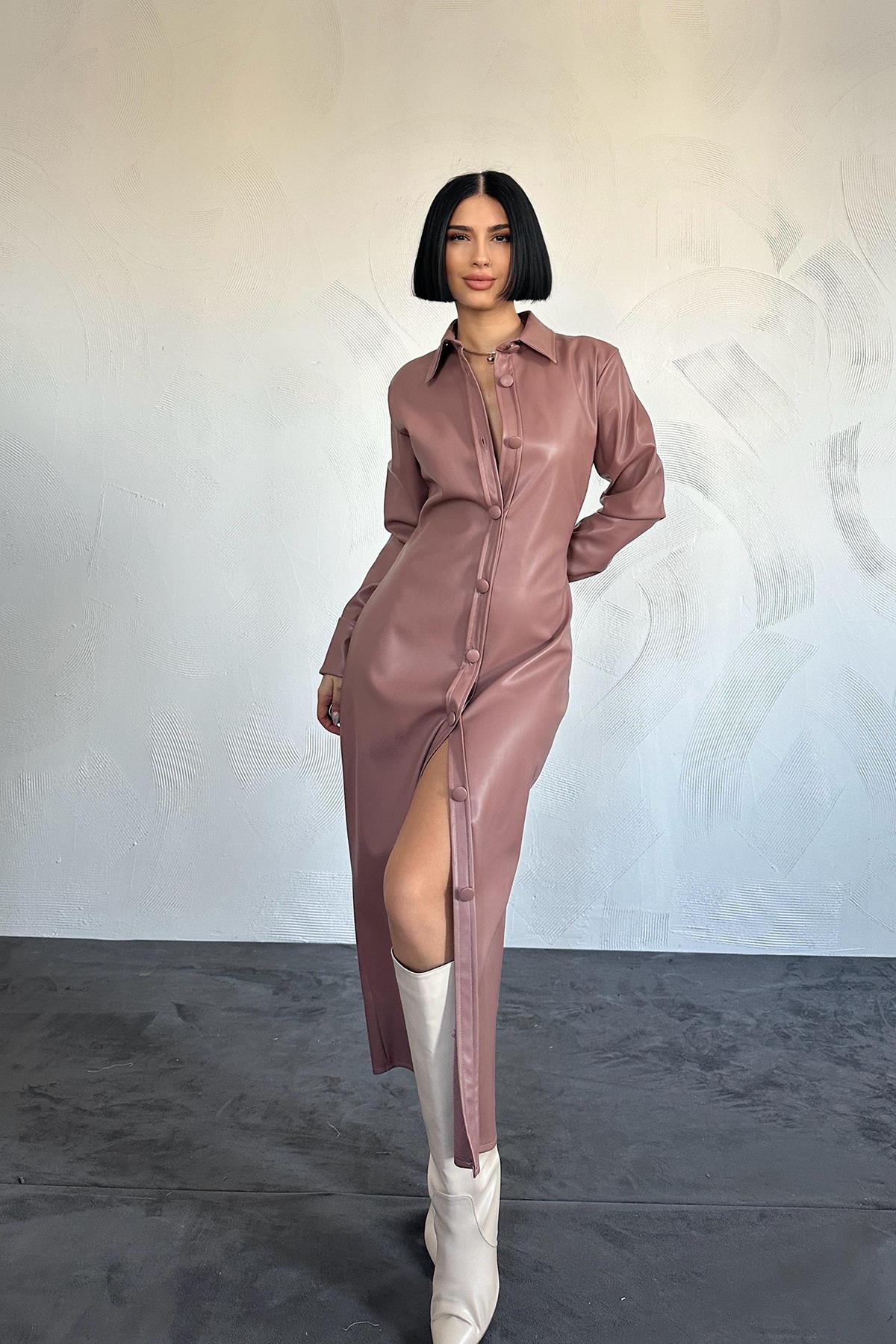 Toptan Pudra Boydan Düğmeli Deri Elbise Pudra L