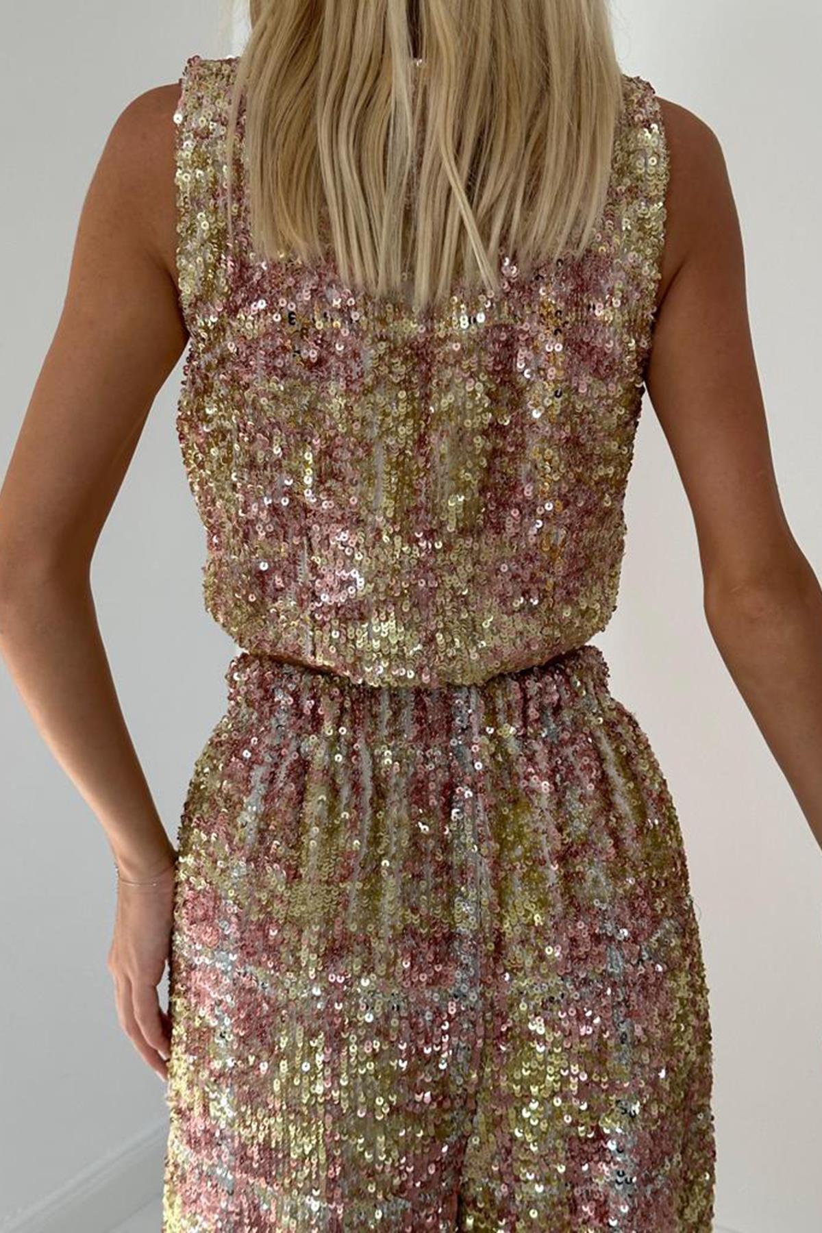 Toptan Pudra Pullu Yelek Ve Pantolon Takım