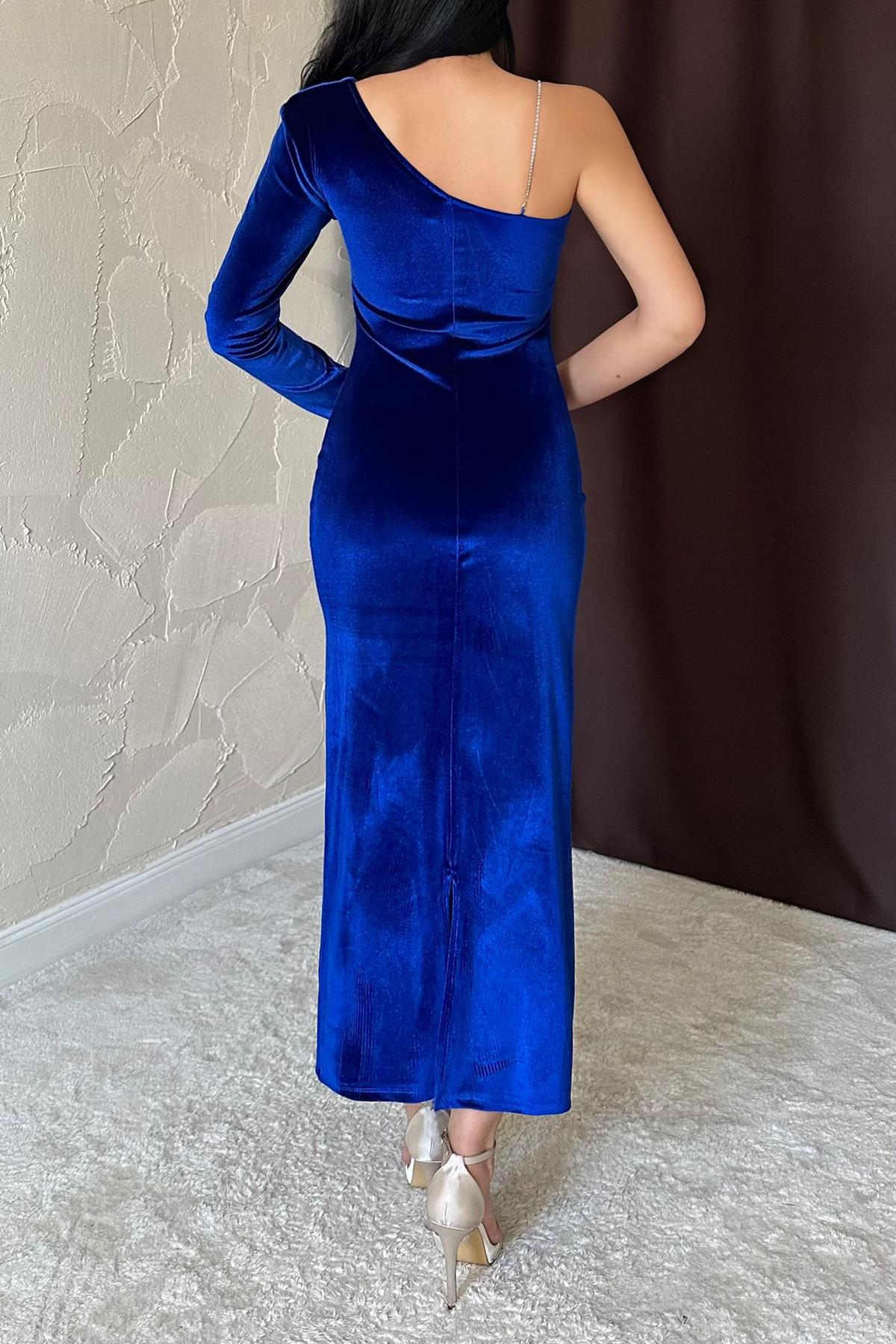 Toptan Saks Tek Omuzlu Taş Askılı Elbise