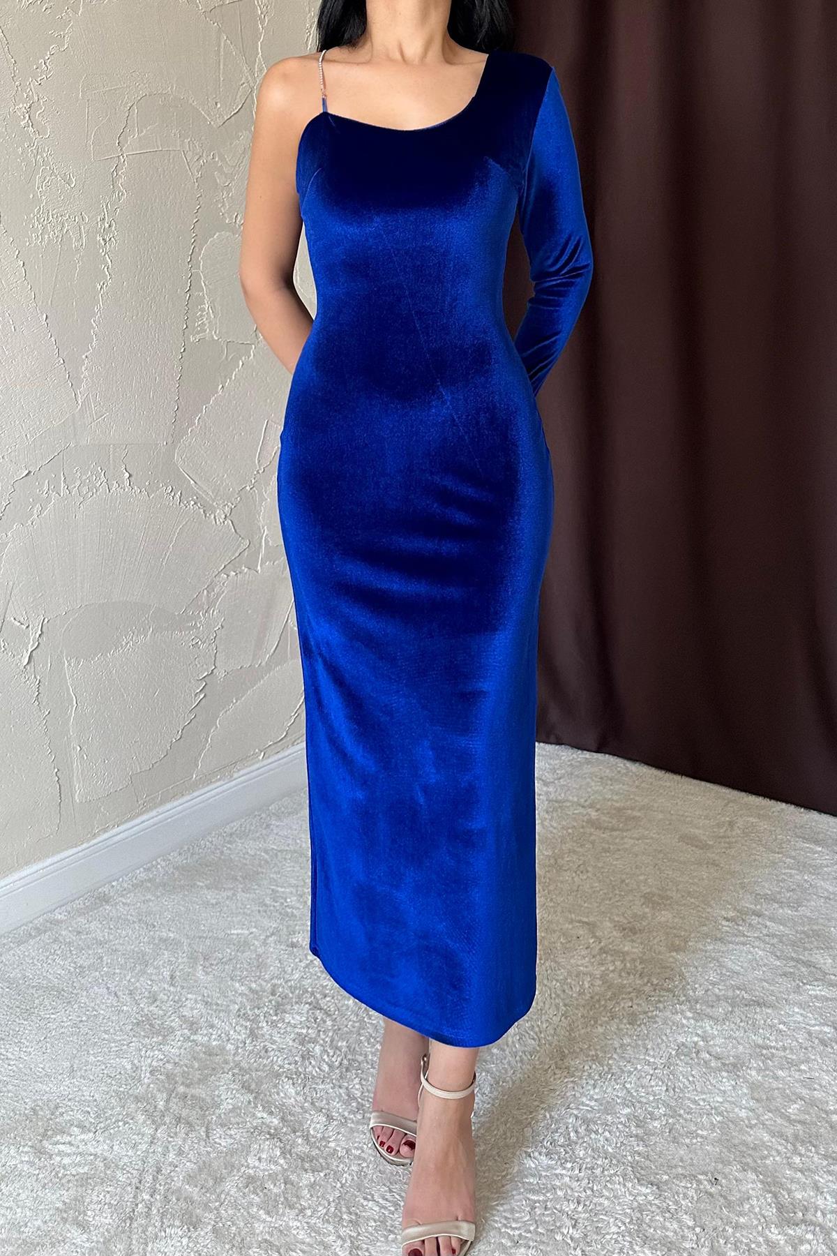 Toptan Saks Tek Omuzlu Taş Askılı Elbise