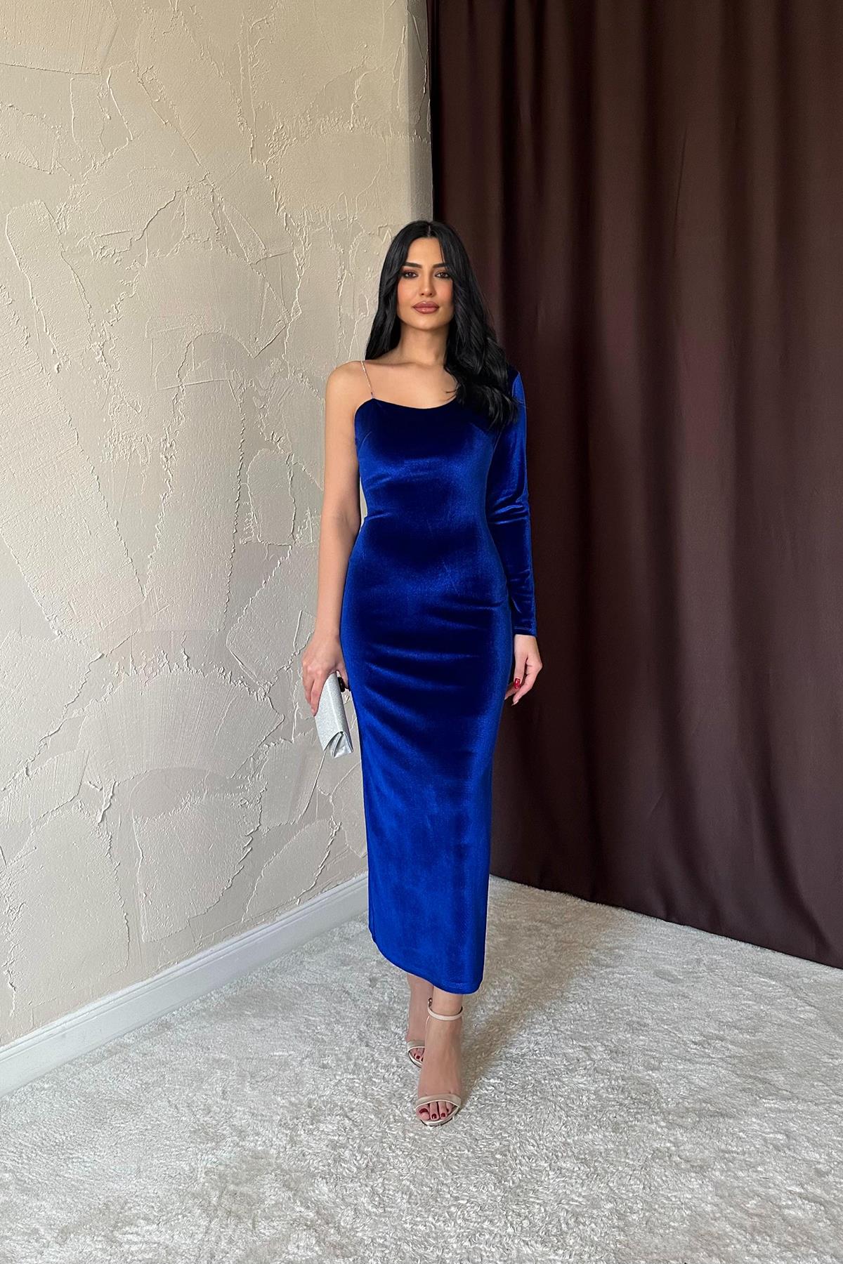 Toptan Saks Tek Omuzlu Taş Askılı Elbise Saks L