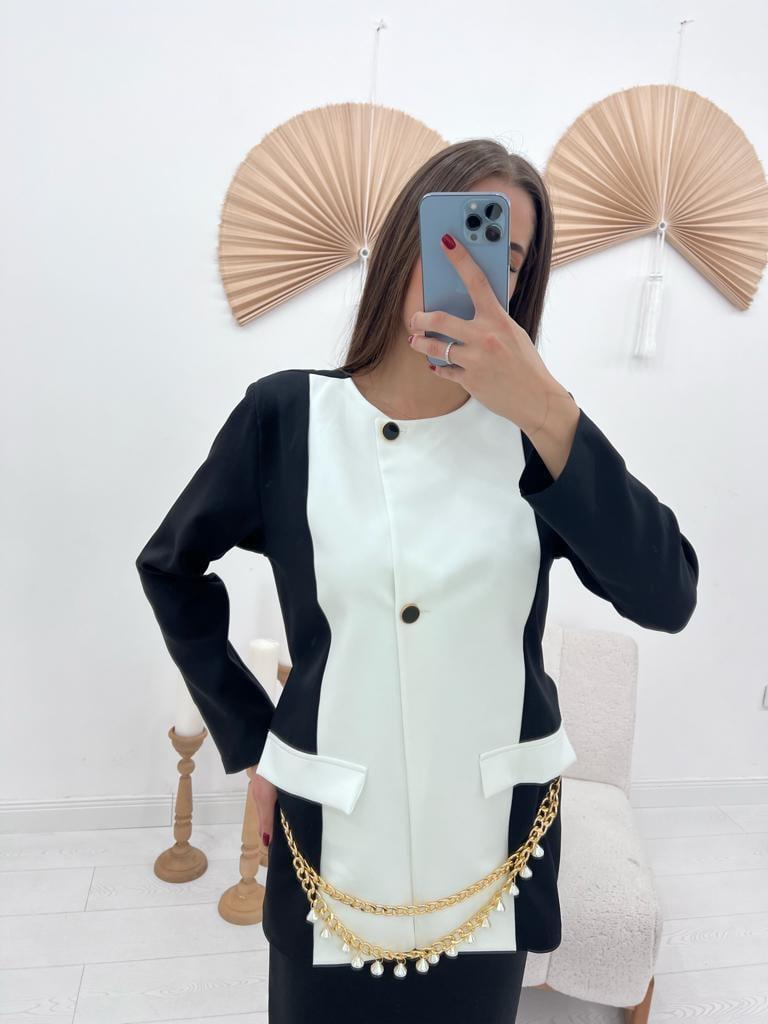 Toptan Siyah Atlas Kumaş Garnili Ceket Ve Etek Takım