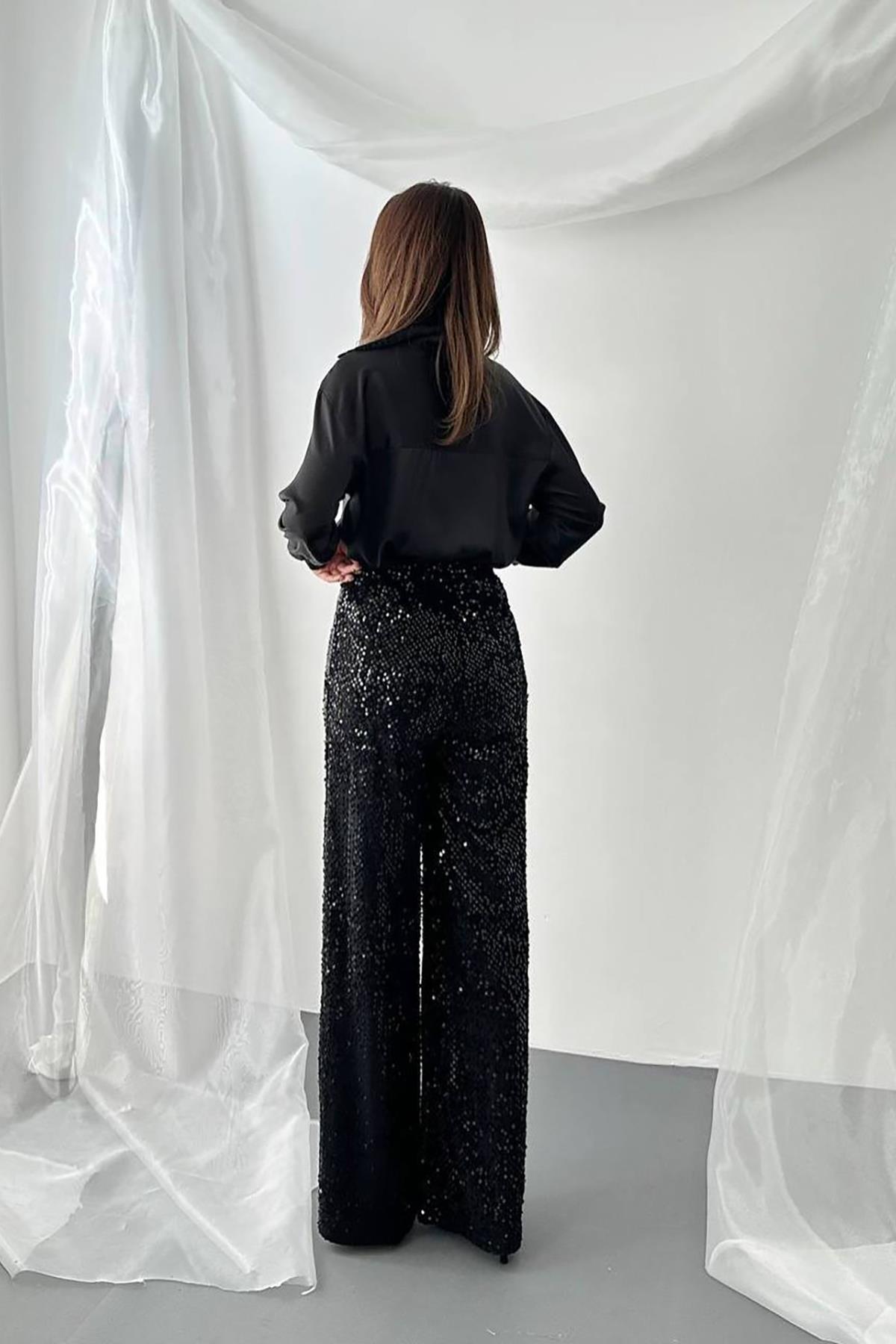 Toptan Siyah Beli Lastikli Pullu Pantolon