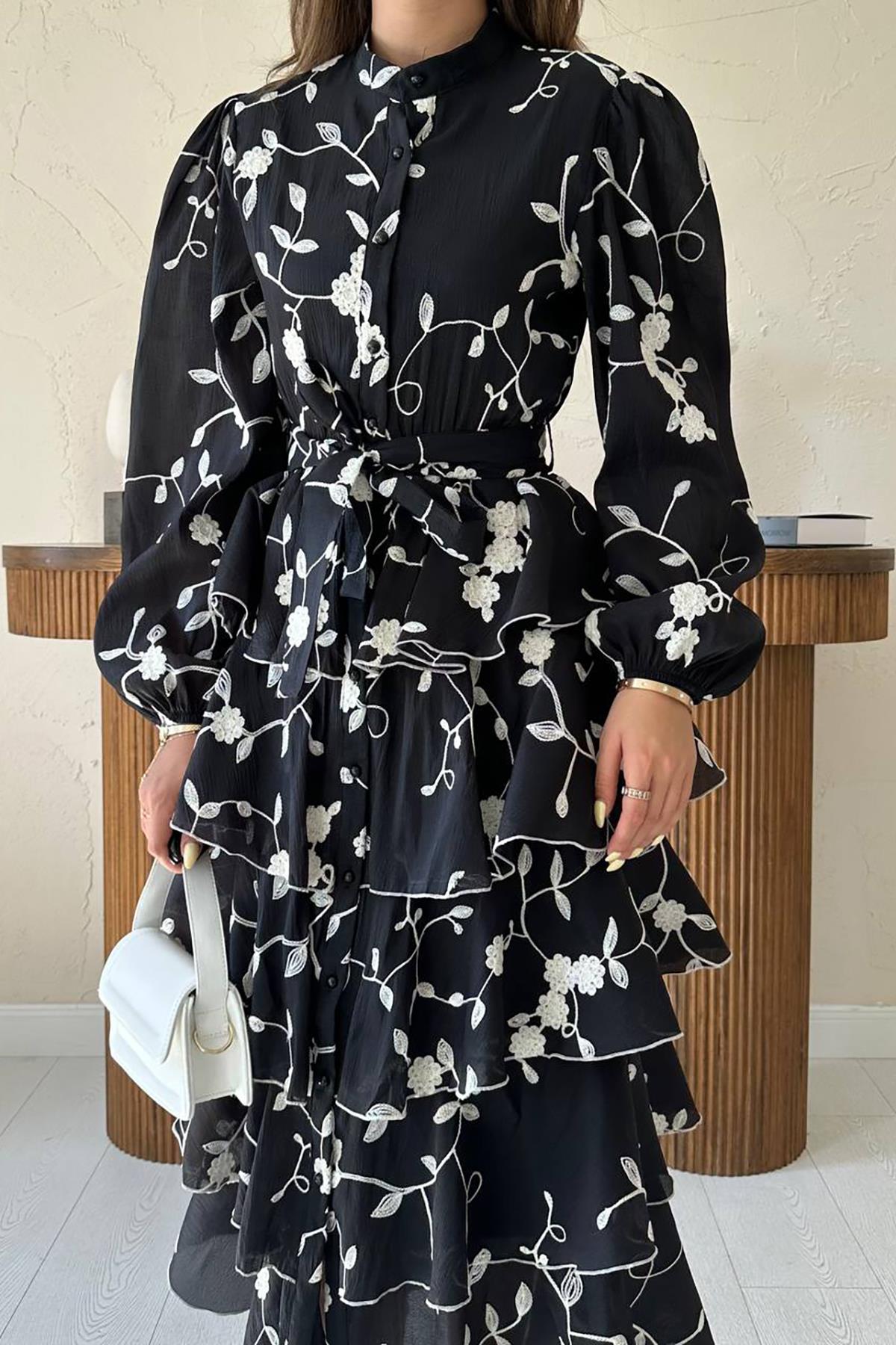 Toptan Siyah Beyaz Kat Kat Kuşaklı Elbise