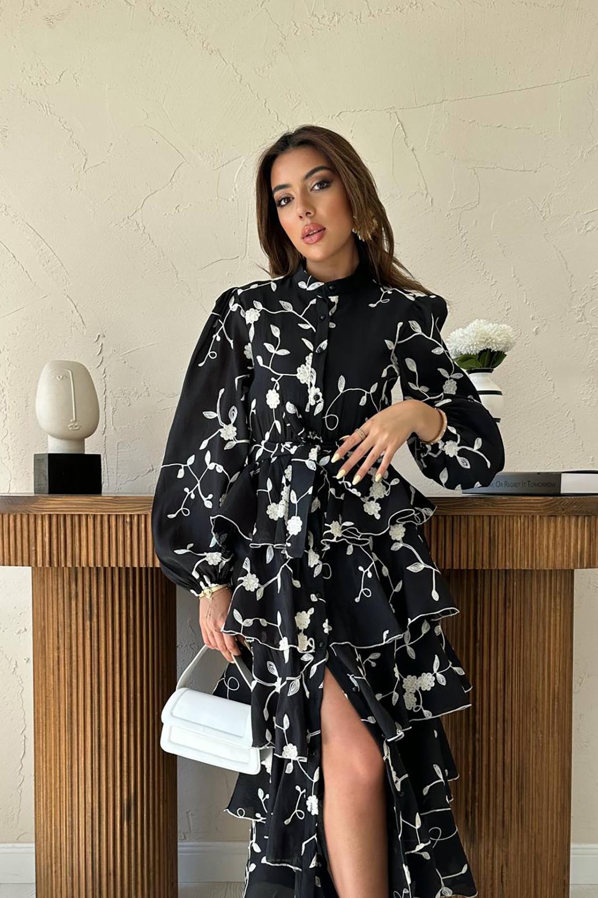 Toptan Siyah Beyaz Kat Kat Kuşaklı Elbise