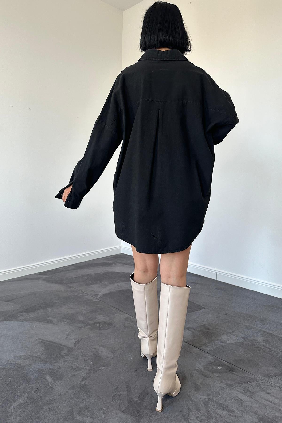 Toptan Siyah Boyamalı Keten Baskılı Taşlı Gömlek