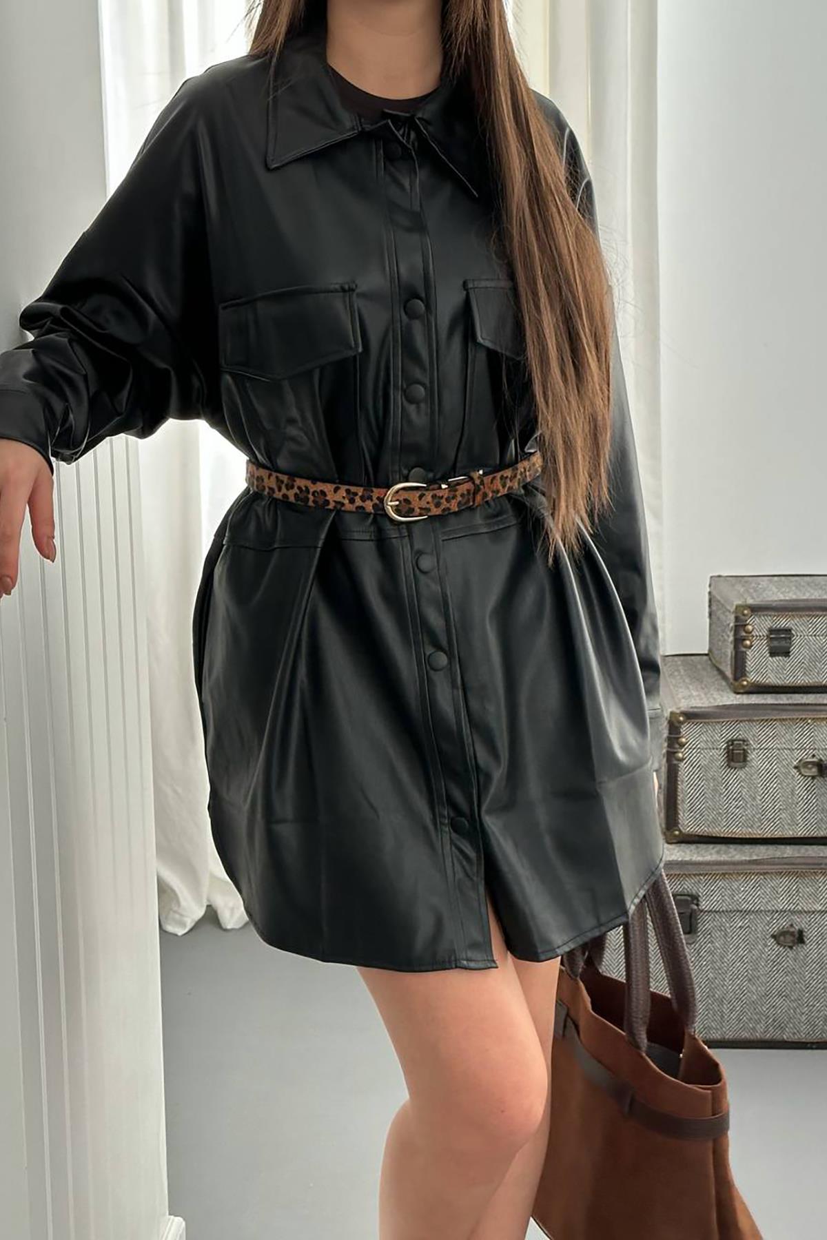 Toptan Siyah Çıtçıt Kapama Cepli Deri Ceket