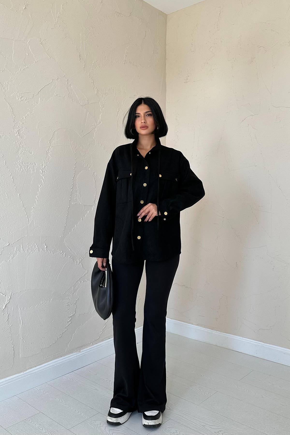 Toptan Siyah Çıtçıtlı Süet Gömlek Siyah L