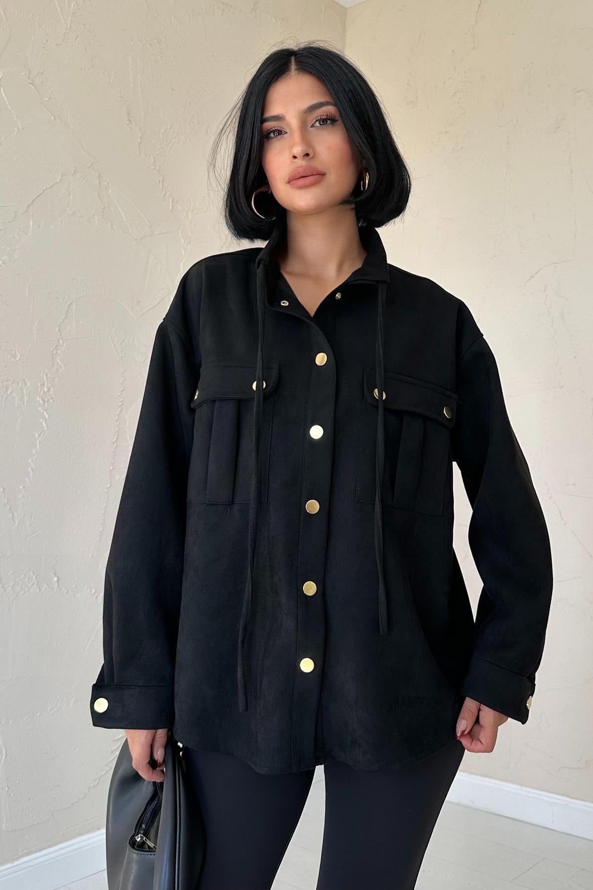 Toptan Siyah Çıtçıtlı Süet Gömlek