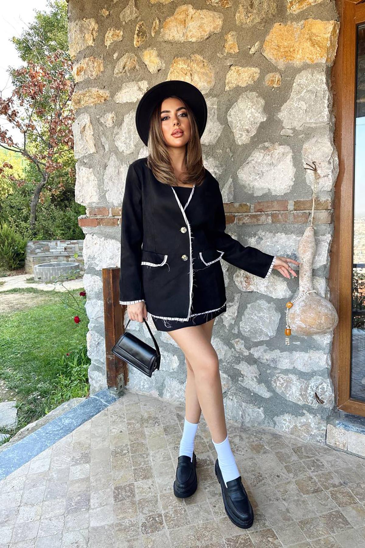 Toptan Siyah Çizgili Astarlı Garnili Süet Ceket